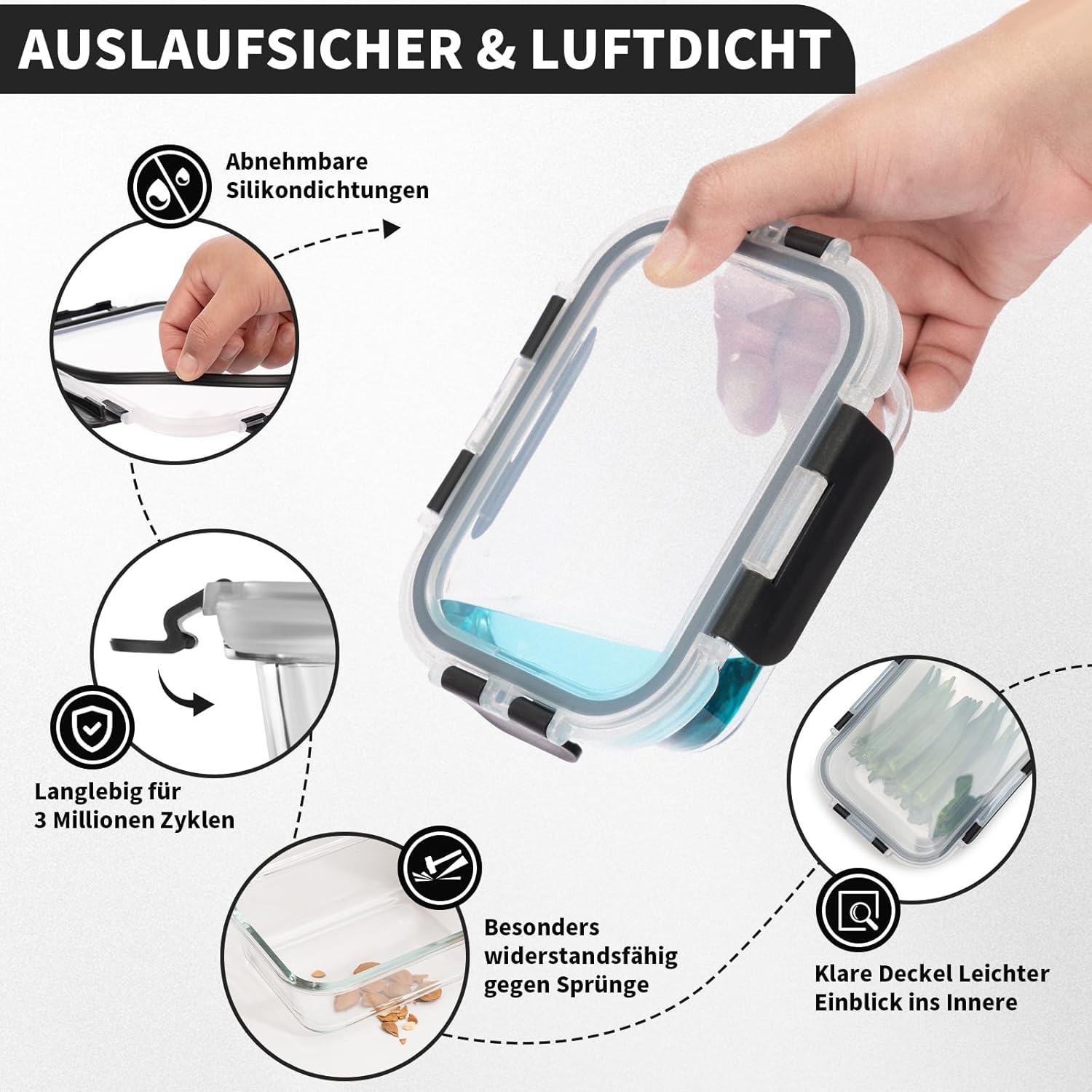 Frischhaltedosen-Set aus Glas, Meal-Prep-Boxen, Glasbehälter mit Deckel, Lebensmittelbehälter, Lunchbox, spülmaschinenfest, mikrowellen- und gefriergeeignet, auslaufsicher (5 x 1050 ml + 5 x 370 ml) – Bild 4