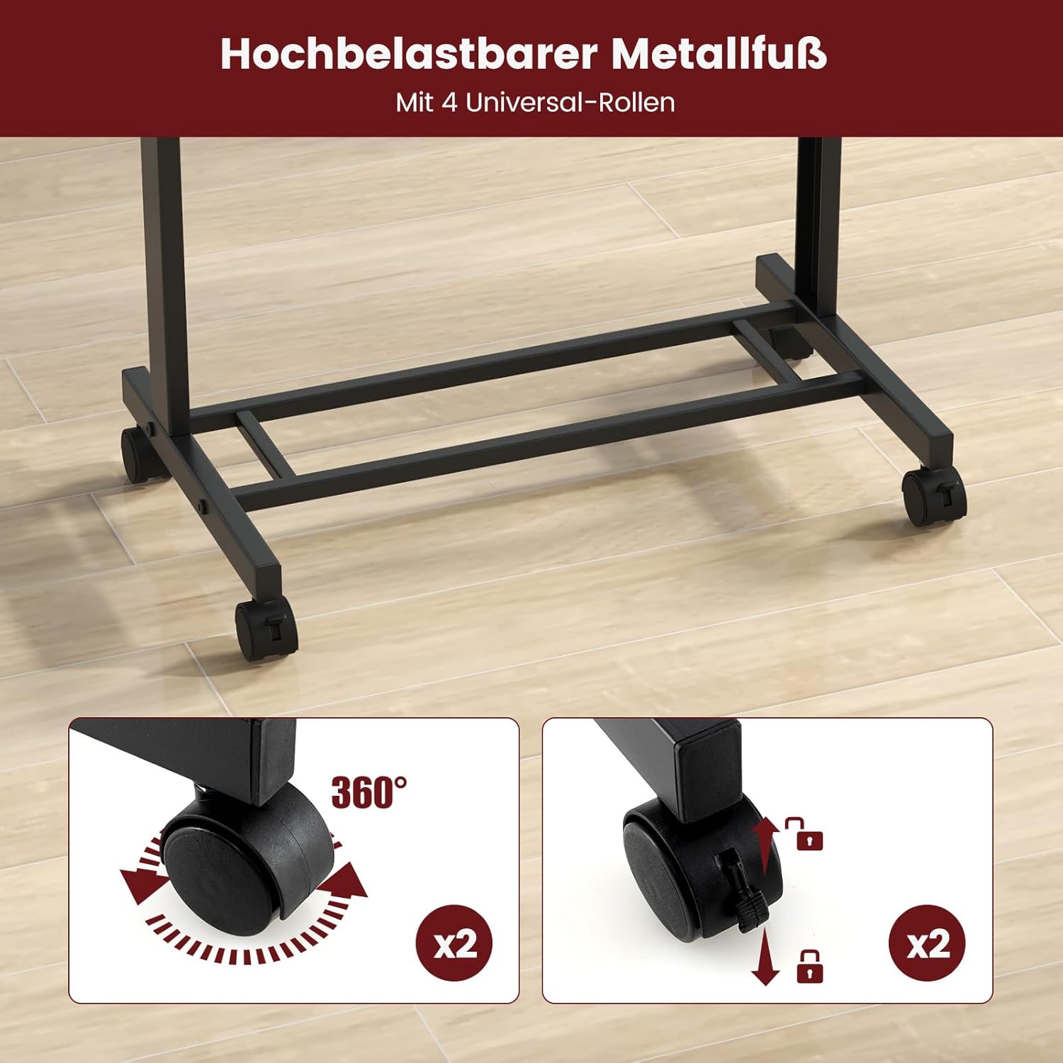 COSTWAY Stehschreibtisch, höhenverstellbar, Stehsitzschreibtisch mit Rollen, mobiler Stehschreibtisch mit geneigter Tischplatte & Ablage, Laptoptisch für Zuhause & Büro, Schwarz – Bild 6