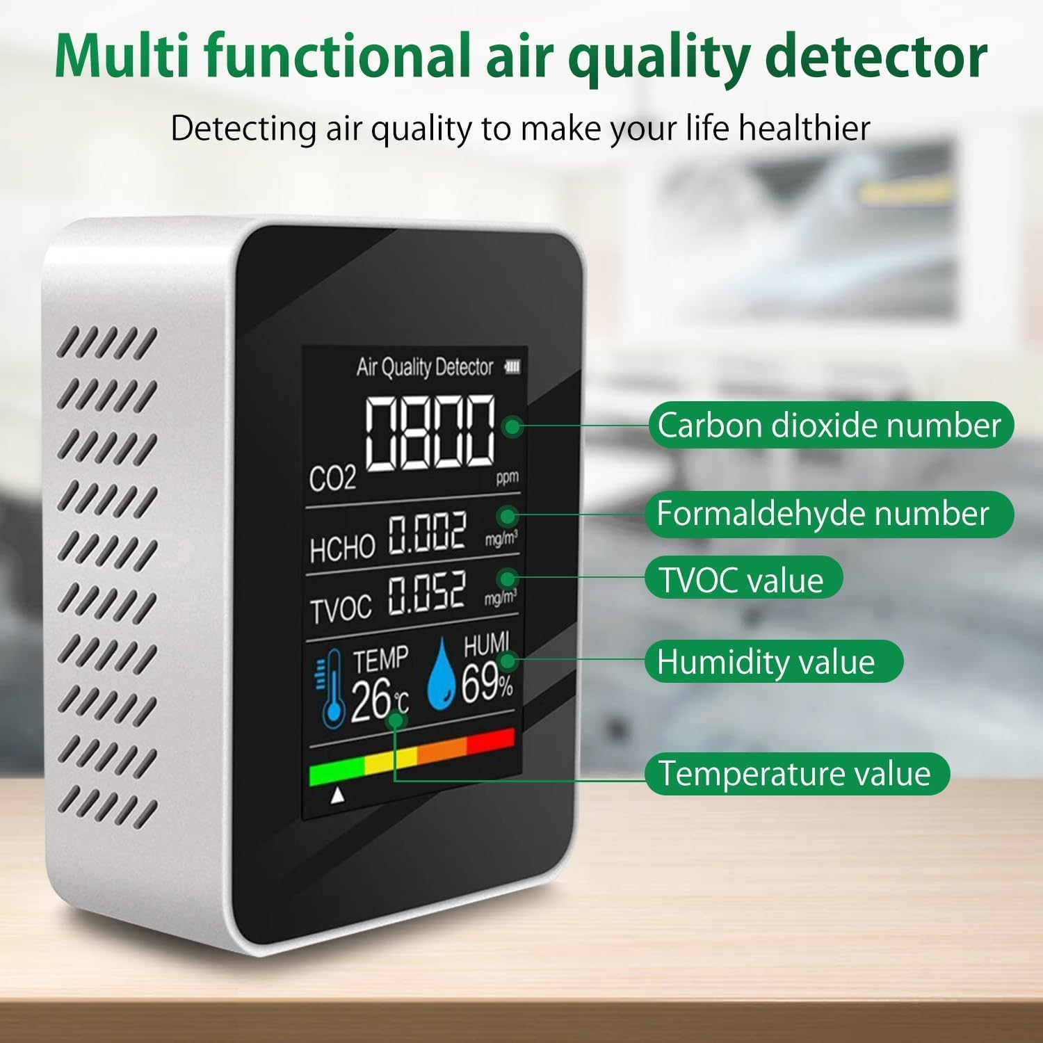 CO2-Messgerät, 5-in-1-Luftqualitätsmessgerät, Innen-Co2-Detektor, Formaldehyd-Messgerät, Thermometer, Hygrometer mit Alarm, Luftqualitätsmonitor, TVOC/HCHO/CO2-Monitor für Zuhause, Büro, Auto – Bild 2