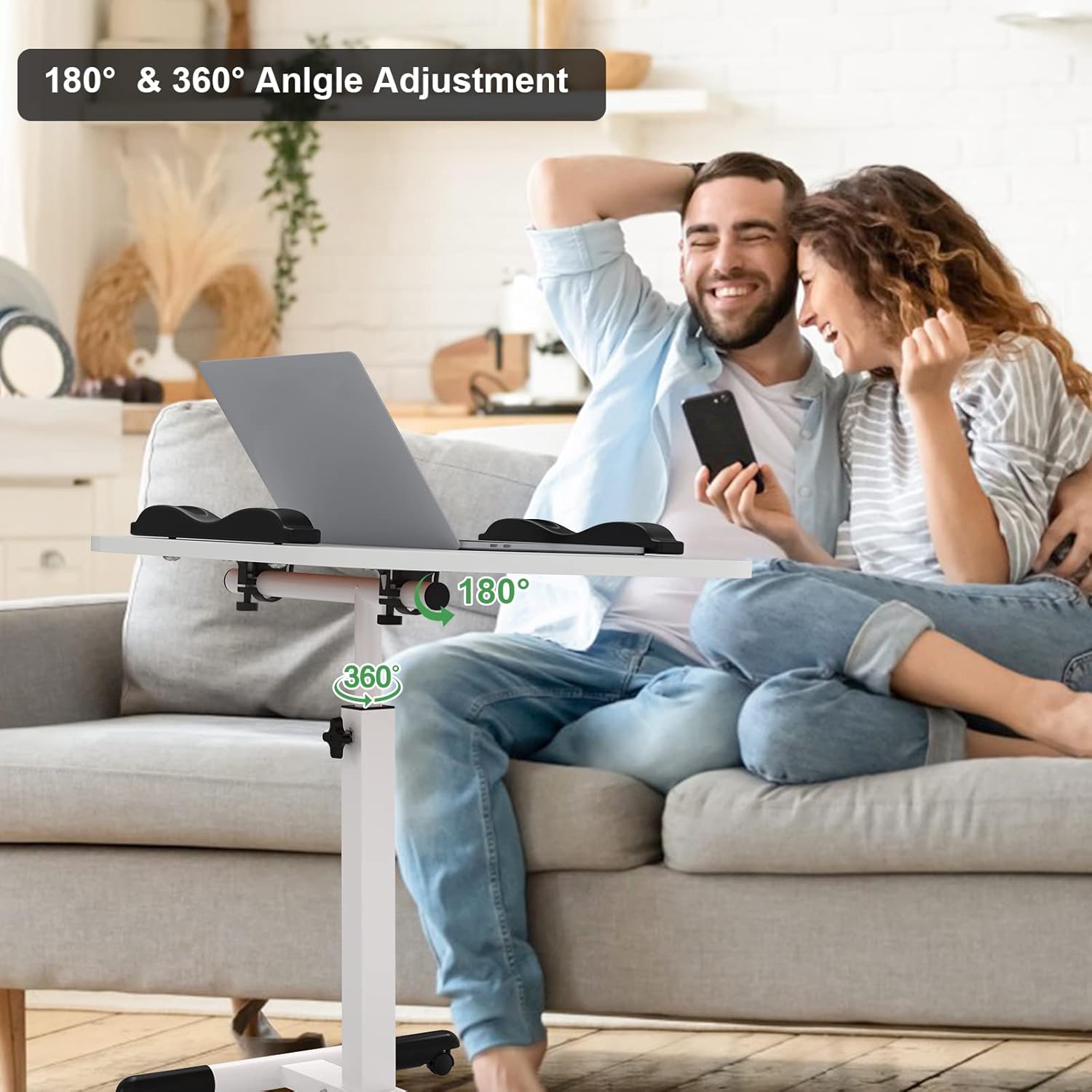 Kleiner Klapptisch, Beistelltisch auf Rollen, höhenverstellbar, Computertisch, mobiler Stehtisch, ergonomisch 360° drehbar (weiß, 60 x 40 x 61-95 cm) – Bild 5