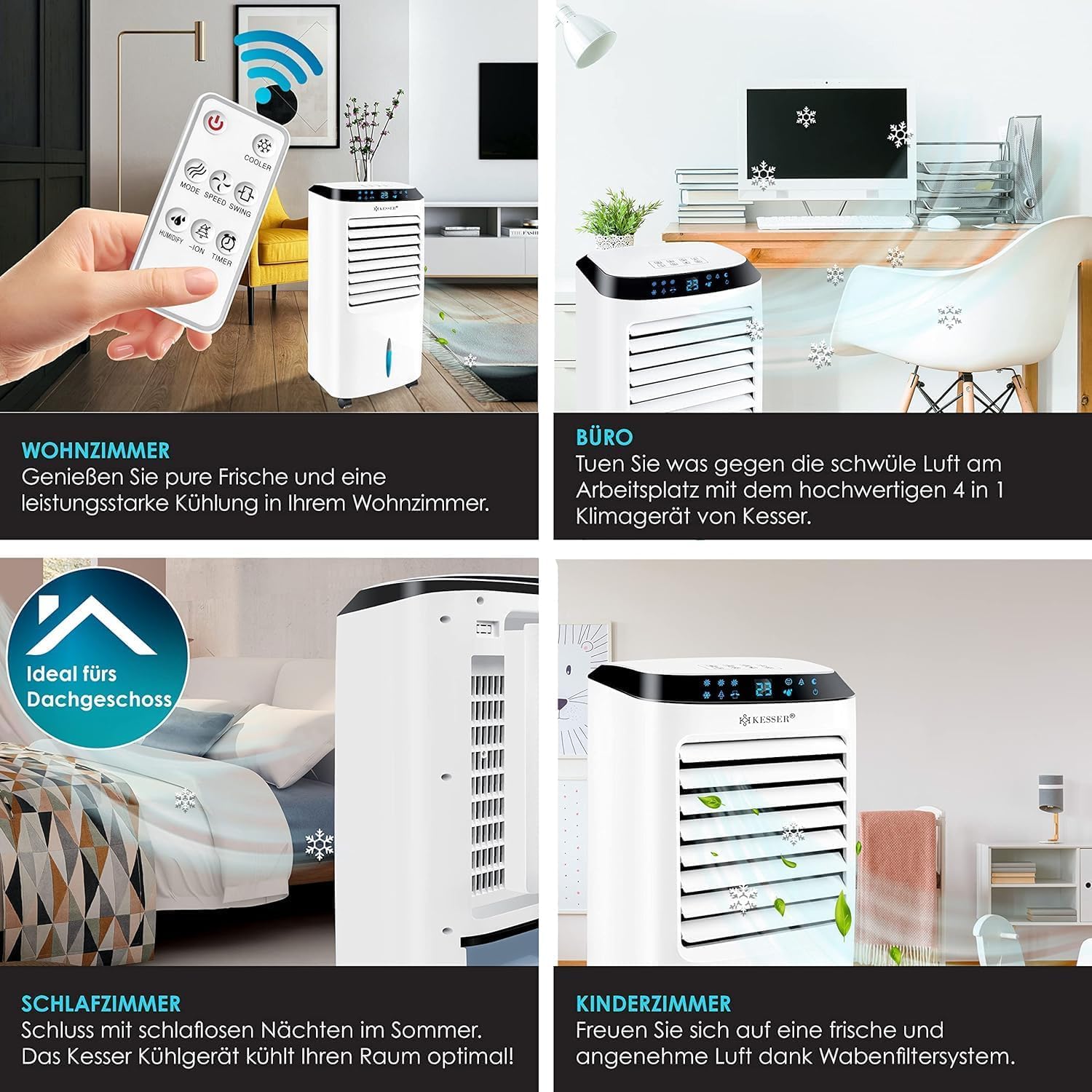 KESSER® Mobile Klimaanlage 4in1 Luftkühler – Air Cooler mit Fernbedienung & Timer, 10L Wassertank, Ionisator & Luftbefeuchter, Ventilator Klimagerät ohne Abluftschlauch, 3 Stufen inkl. Kühlakkus – Bild 7