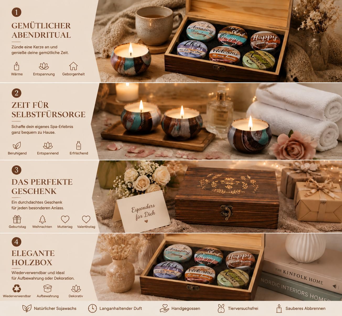 Geschenke für Frauen, Duftkerzen-Set mit dekorativer Holzbox, Set mit 6 Kerzen mit Sprüchen, natürliche Sojawachskerze zum Geburtstag, Geschenkset für Männer und Frauen – Bild 3