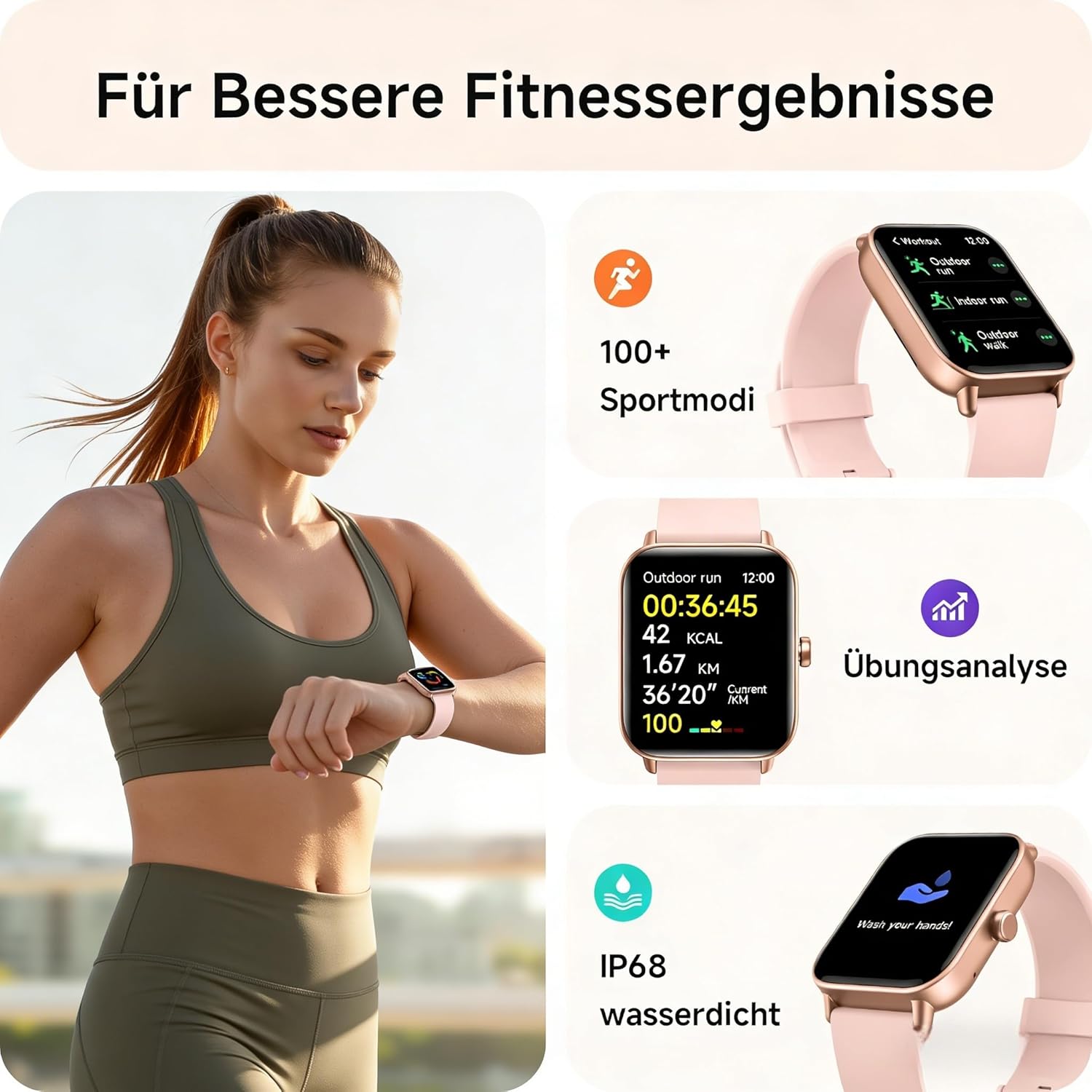 Damen-Smartwatch mit Telefonfunktion, 1,8-Zoll-Smartwatch, Fitnessuhr mit WhatsApp und Alexa, Herzfrequenz-Schlafmonitor, 120+ Sportmodi, Fitness-Tracker, IP68 wasserdichte Uhren Damen für – Bild 5