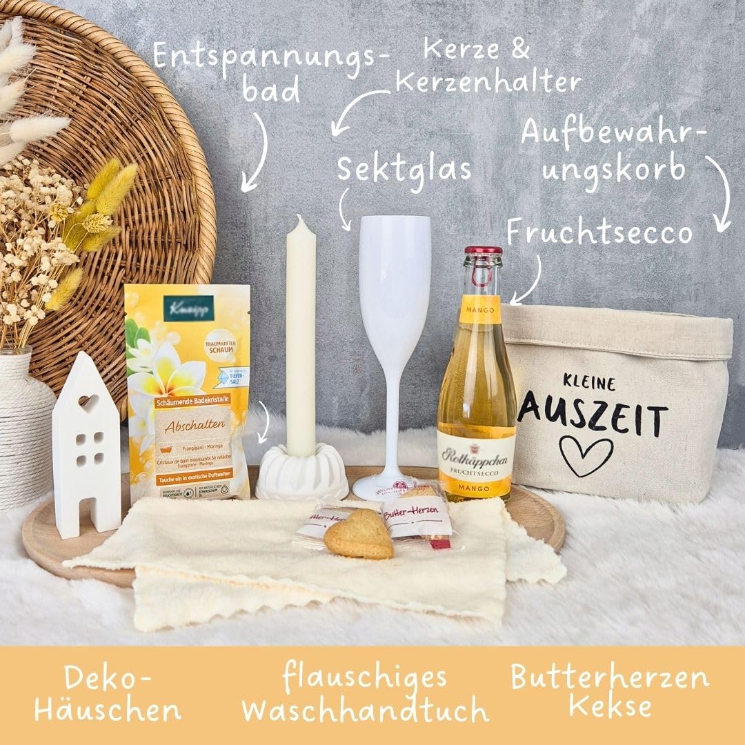 Wellness-Geschenk | Geschenkset Damen mit Entspannungsbadeschaum | Kleine Auszeit in Canvas-Baumwollkorb Geschenk Freundin | Entspannungsgeschenk | Geschenke Freundin | Geburtstagsgeschenk Frauen – Bild 3