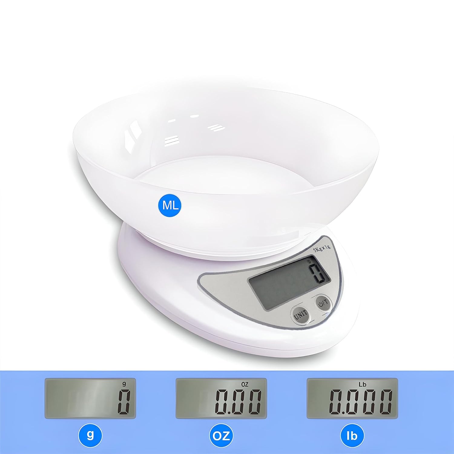 Retoo PT-860 Elektronische Küchenwaage mit Schüssel, 790 ml, Digitalwaage, 5 kg/11 lb, Waage, Küchen-Präzisionswaage, Tara-Funktion, LCD-Display, automatische Abschaltung, 11,3 x 5,3 x 17,5 cm, Silber – Bild 3