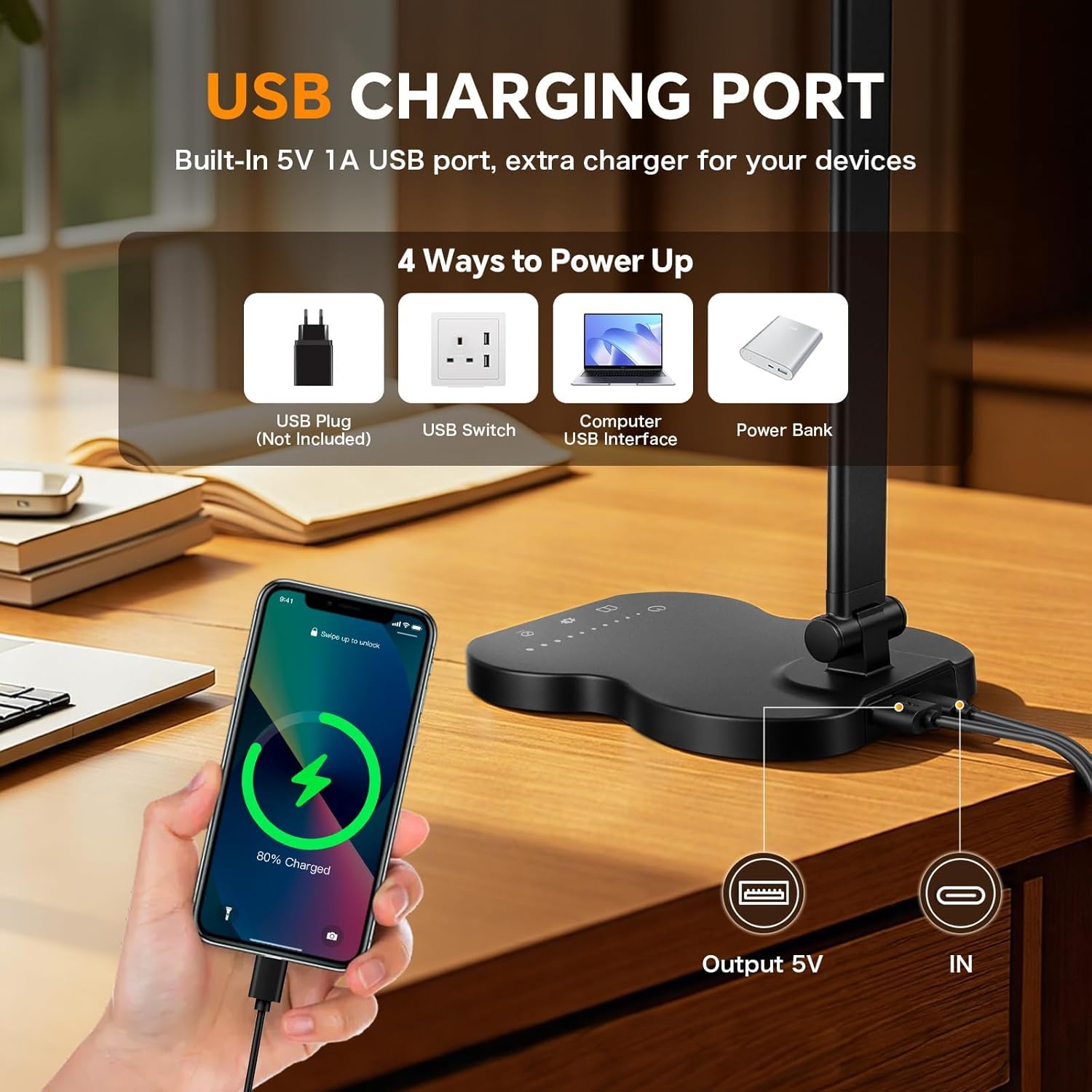 Caldarax Schreibtischlampe LED Dimmbar, Augenschutz Schreibtischlampe, 5 Farben und 10 Helligkeitsstufen, mit Timer und Touch-Steuerung, Tischlampe USB-Anschluss zum Lesen, Büro, Nachttisch, Arbeitszimmer (Schwarz) – Bild 3