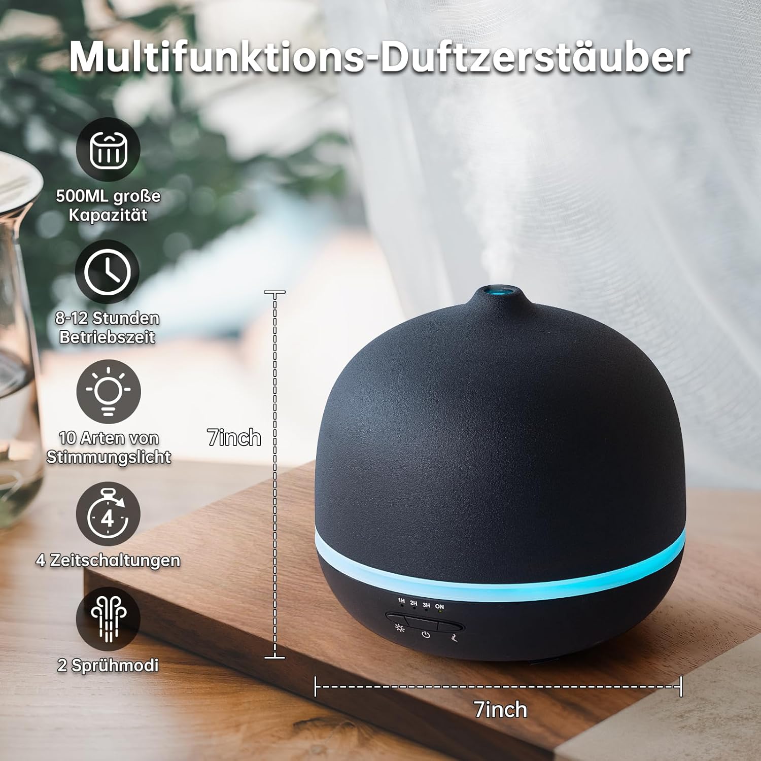 JESMAY Keramik-Aromadiffusor für ätherische Öle, 500 ml, schwarzer Luftbefeuchter, 7-Farben-Umgebungslichtstreifen, mit Timer, automatische Abschaltung ohne Wasser – Bild 6