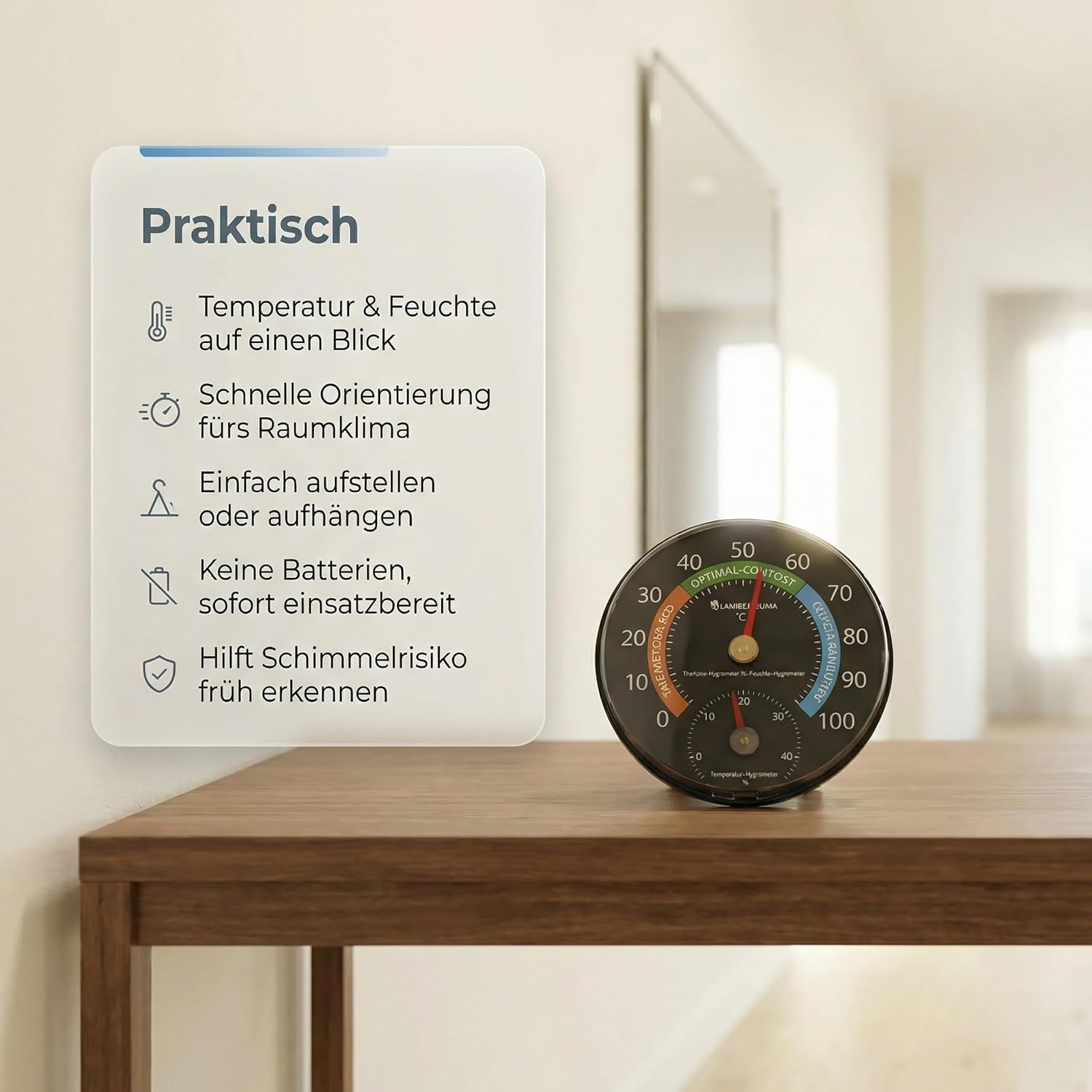 Lantelme Kombi-Thermometer, Hygrometer, Temperatur -5 bis + 45 °C und Luftfeuchtigkeit 0 % – 100 % relativ, analog, präzise Anzeigen für Schimmelschutz, Raumklima und Heizkosten im Innenbereich – Bild 12