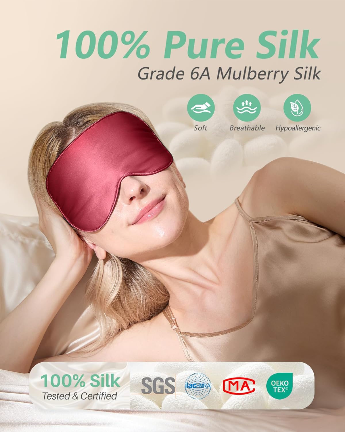 BeeVines Seidenschlafmaske für Seitenschläfer, 2er-Pack, Augenmaske aus 100 % reiner natürlicher Maulbeerseide für Männer und Frauen, 100 % lichtblockierende Schlafmaske mit verstellbarem Gummiband für Reisen – Bild 2