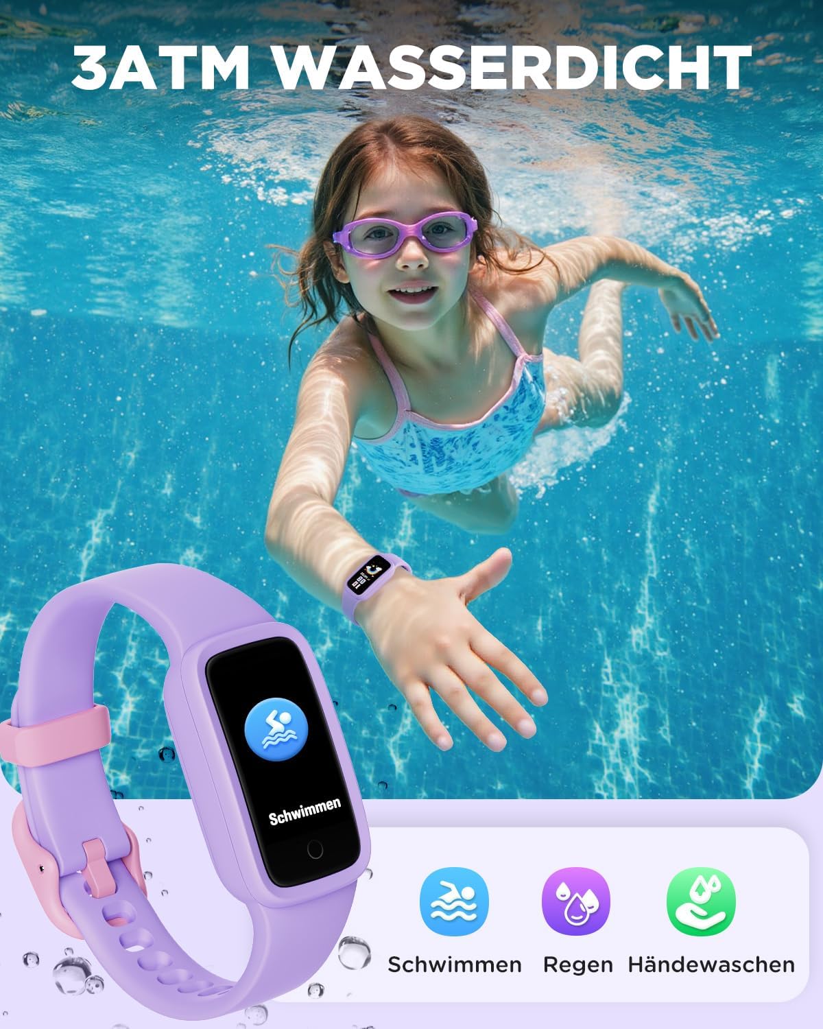 BIGGERFIVE Vigor 3 Kinder-Fitness-Armbanduhr mit AMOLED-Display ohne App und ohne Smartphone, 3ATM wasserdicht, Herzfrequenzmesser, Schlaftracker, Fitnessuhr, Sportuhr, Schrittzähler für Mädchen 5-12 Jahre, Lila – Bild 7