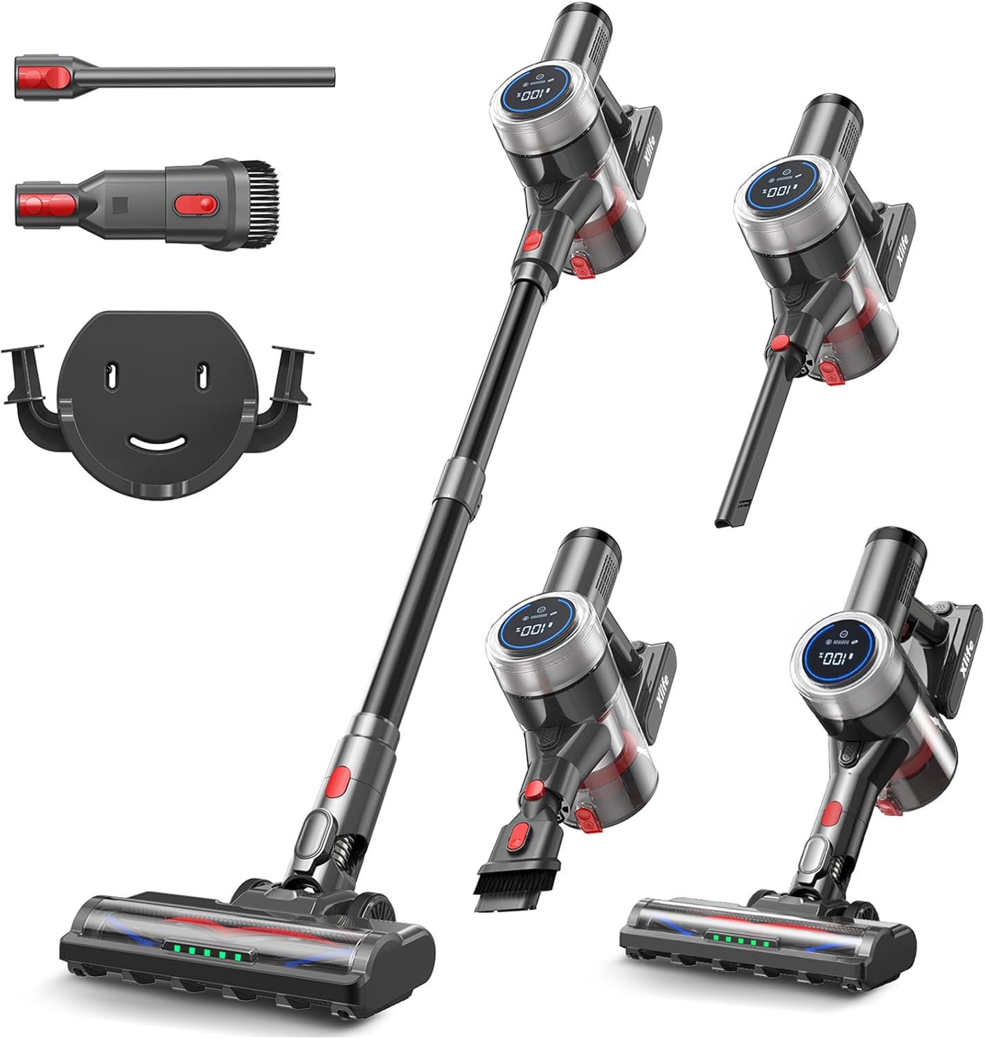 Xlife Akku-Staubsauger 550 W, 45000 Pa Saugleistung, 40 Minuten Laufzeit, Anti-Haar-Wickelbürste, grüner Staubsensor, HEPA-Filter, für Tierhaare, Teppich, Hartböden – P2 (Hellgrau)