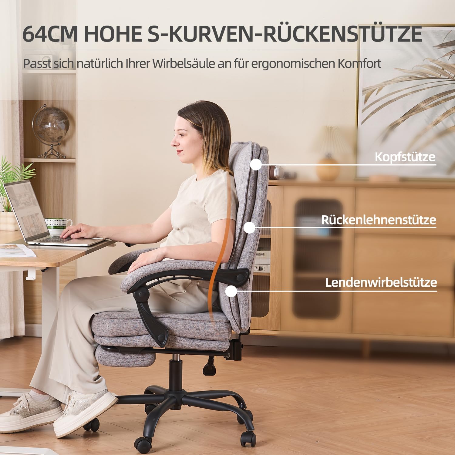MZLEE Ergonomischer Bürostuhl, Schreibtischstuhl mit Fußstütze, 90-135° neigbarer Drehstuhl, Höhenverstellung und Mittagspausenfunktion, Chefsessel für Büro und Zuhause, 150 kg Tragkraft – Bild 4