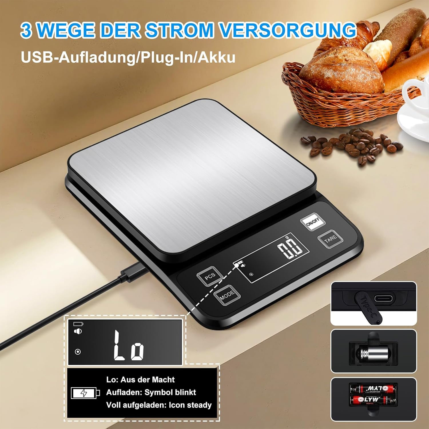 Diyife Wasserdichte IPX67 Küchenwaage 10 kg, 0,1 g Digitalwaage mit großer Wiegefläche aus Edelstahl, wiederaufladbare Lebensmittelwaage, 10 Einheiten, LCD-Display, Tara-Zählfunktion, Buchstabenwaage, Schwarz – Bild 5