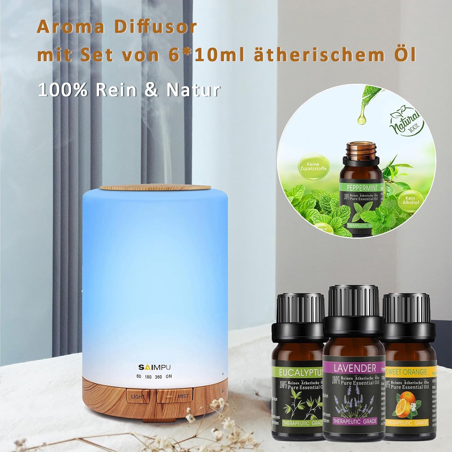 Aromadiffusor, 300 ml Luftbefeuchter mit 6 x 10 ml Set ätherischer Öle, leiser Ultraschall-Duftöldiffusor, wasserlose automatische Abschaltung, 7 Farben LED-Öldiffusor, Aromatherapie für Zimmer, Büro, Yoga, Spa – Bild 7