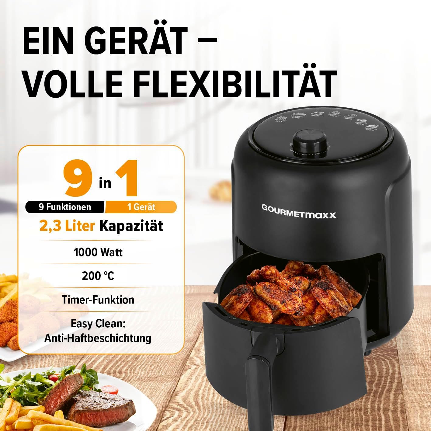 GOURMETmaxx Heißluftfritteuse 2,3 L | Airfryer mit 60-Minuten-Timer und 9 Funktionen, einschließlich Vorheizen und Warmhalten | Energiesparendes & geruchsarmes Frittieren – nahezu ohne Öl | 1000 W – Bild 3