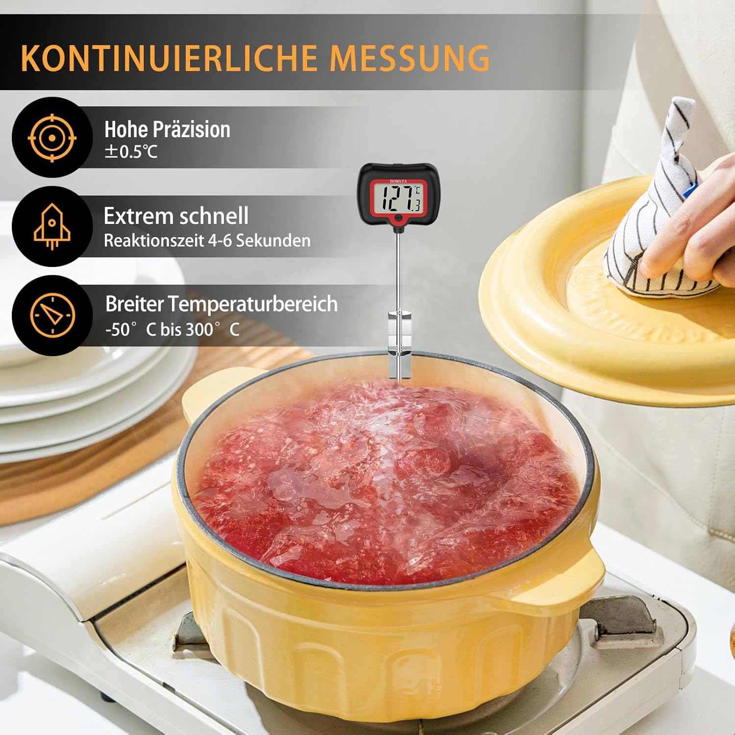 BOMATA 20 cm langes Sondenthermometer mit Topfklammer, drehbarem Display und hochpräziser Sofortablesung, geeignet für Kerzen, Flüssigkeiten, Kochen, Grillen usw. Schwarz – Bild 4