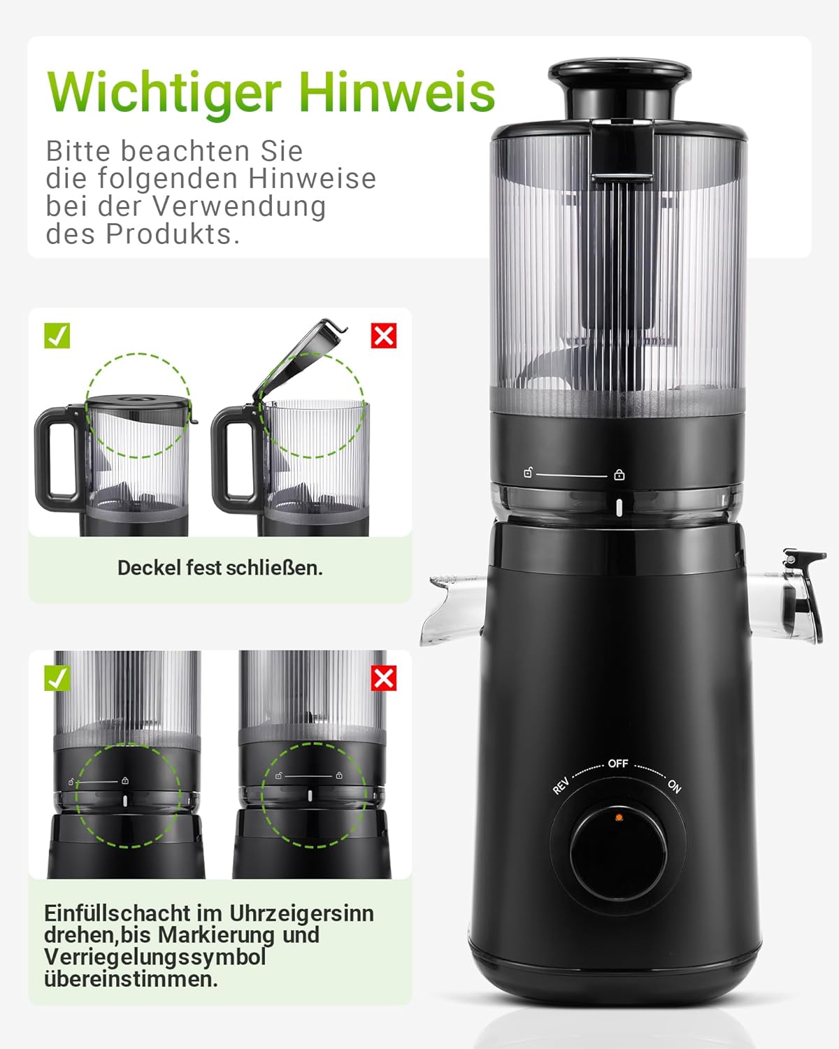 TUUMIIST Slow Juicer mit 135 mm extra großem Einfüllschacht, Entsafter Gemüse und Obst, Testsieger, anwendbar für ganzes Obst und Gemüse, leicht zu reinigen, hohe Saftausbeute, schwarz glänzend – Bild 6