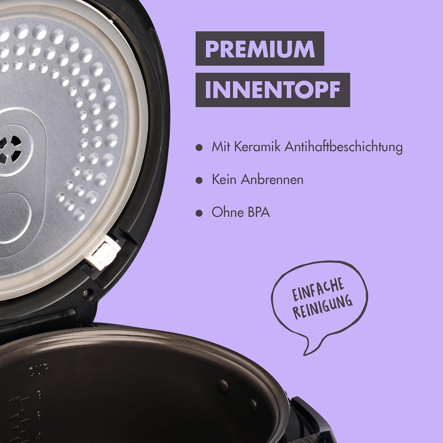 REISHUNGER Digitaler Reiskocher und Dampfgarer Schwarz | 1,5 Liter für 8 Personen | Warmhaltefunktion, Timer und Premium-Innentopf | Multikocher, 12 Programme, 7-Phasen-Technologie – Bild 6