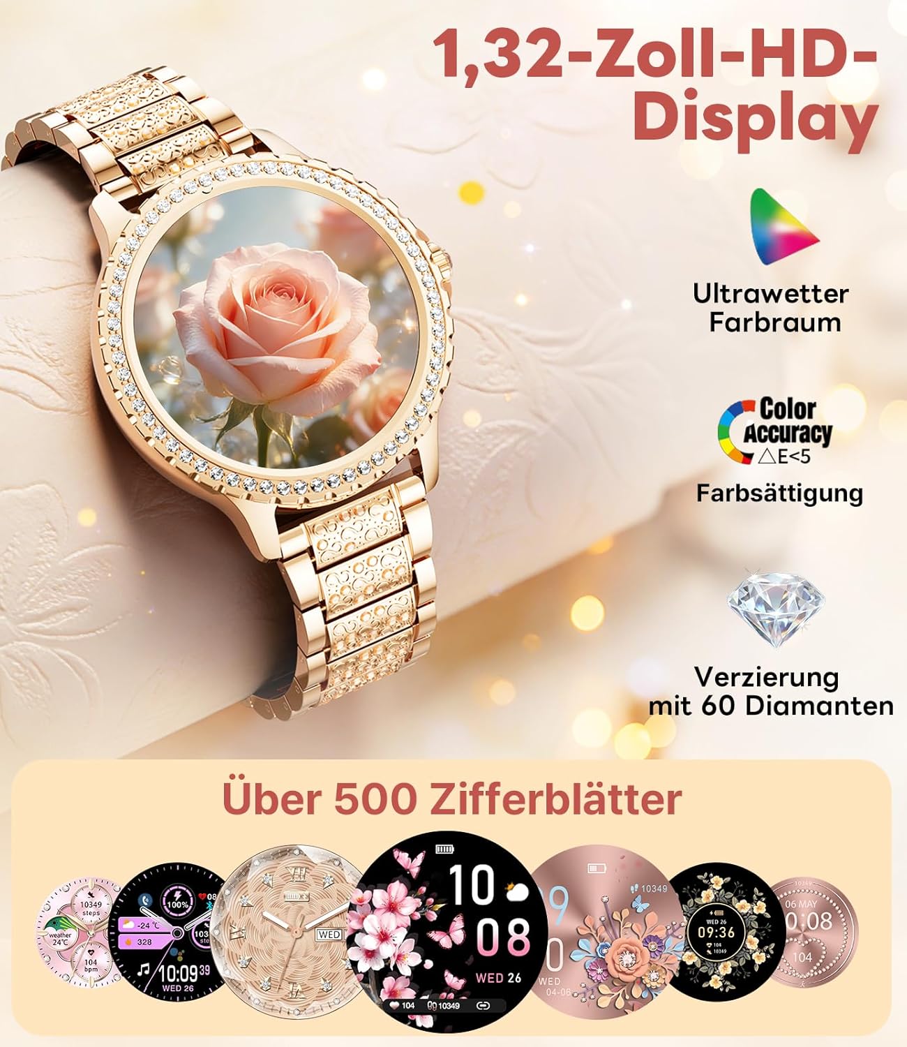 Damen-Smartwatch mit Telefonfunktion, 1,32-Zoll-Uhr mit Diamanten, Fitnessuhr für Android iOS, Menstruationszyklus/Herzfrequenz/Schrittzähler, 500+ Zifferblätter, 2 Armbänder, Roségold – Bild 2