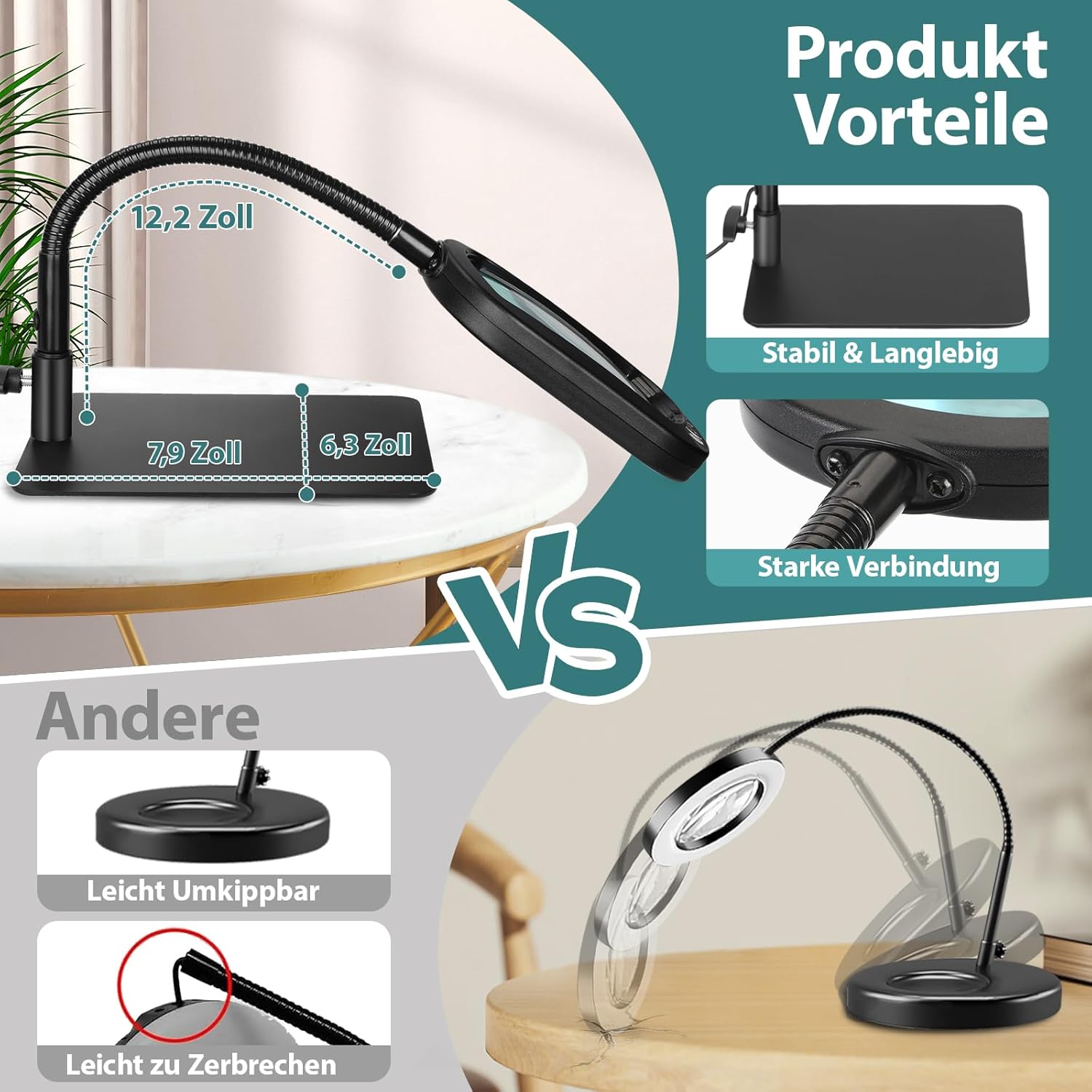 Drdefi 10 x rechteckige Lupe mit Licht und Ständer, Echtglas-Lupenlampe, 5 Farbmodi, stufenlos dimmbar, flexible Schwanenhals-LED-beleuchtete Schreibtischlampe, freihändige Lupenlampe für Lesehobby – Bild 4