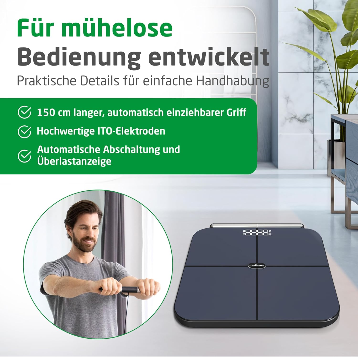 medisana BS 850 connect Körperanalysewaage mit Handsensoren, Körperwaage mit 8 Elektroden, Messung von Gewicht, Körperfett, Muskelmasse etc., Personenwaage smart mit App-Anbindung – Bild 5