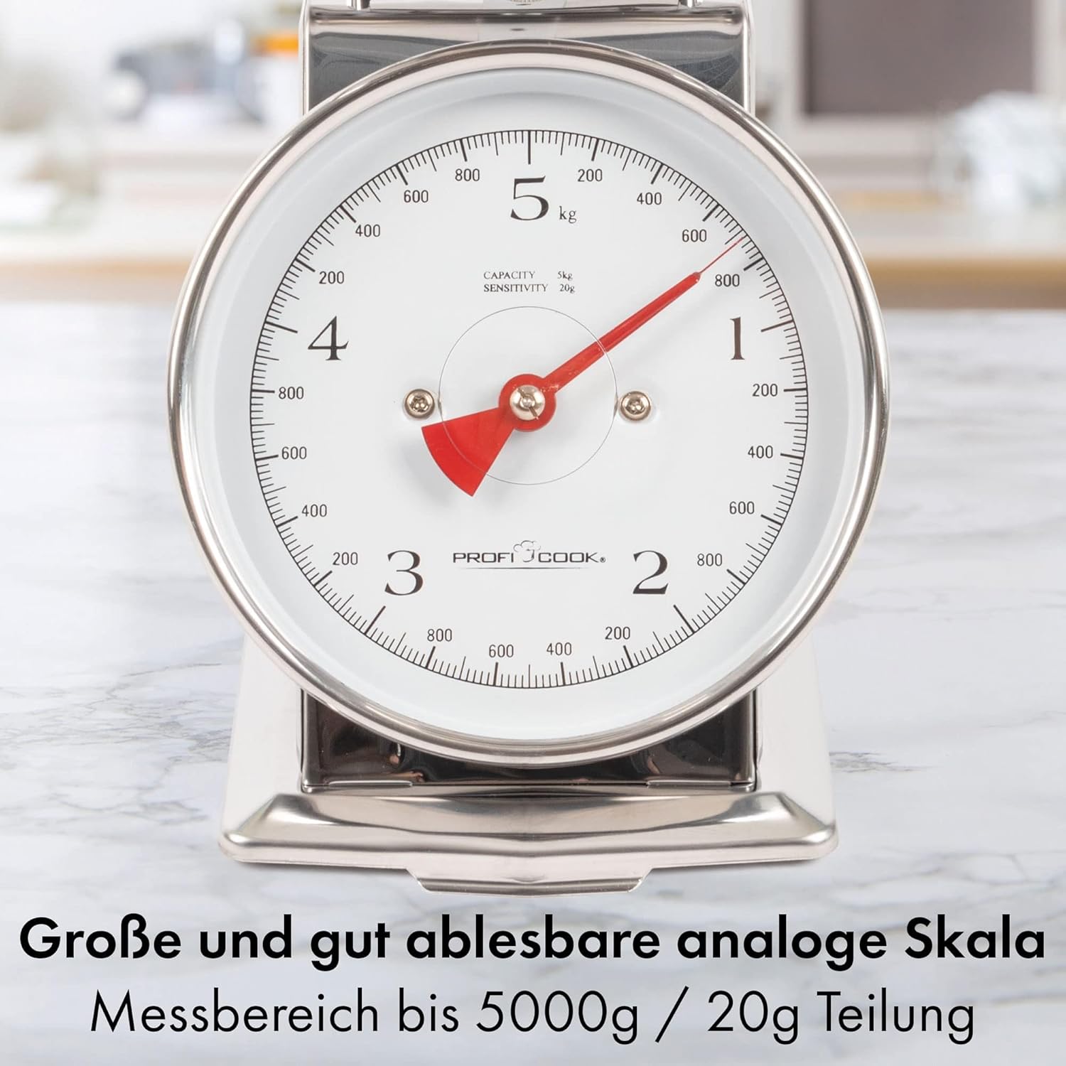 ProfiCook Küchenwaage ohne Batterie | Küchenwaage Retro Analog | Bis 5 kg mit Tara-Funktion | Waage für die Küche ohne Batterie/Strom | Inklusive Edelstahlschüssel | Retro Küchenwaage PC KW 1247 – Bild 6