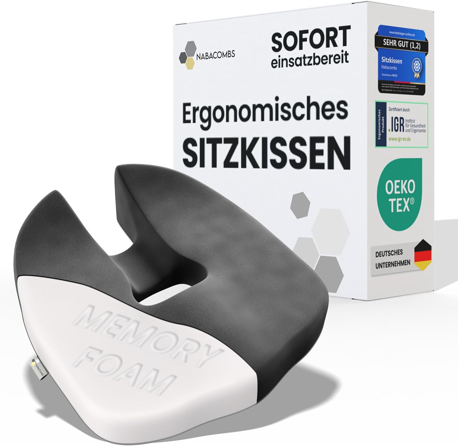 Orthopädisches Sitzkissen – ergonomisch, Memory-Schaum, entlastet Steißbein und Rücken, gebrauchsfertig – IGR-zertifiziert und Öko-Tex-zertifiziert, ideal für Büro, Auto, Reisen und Schwangerschaft