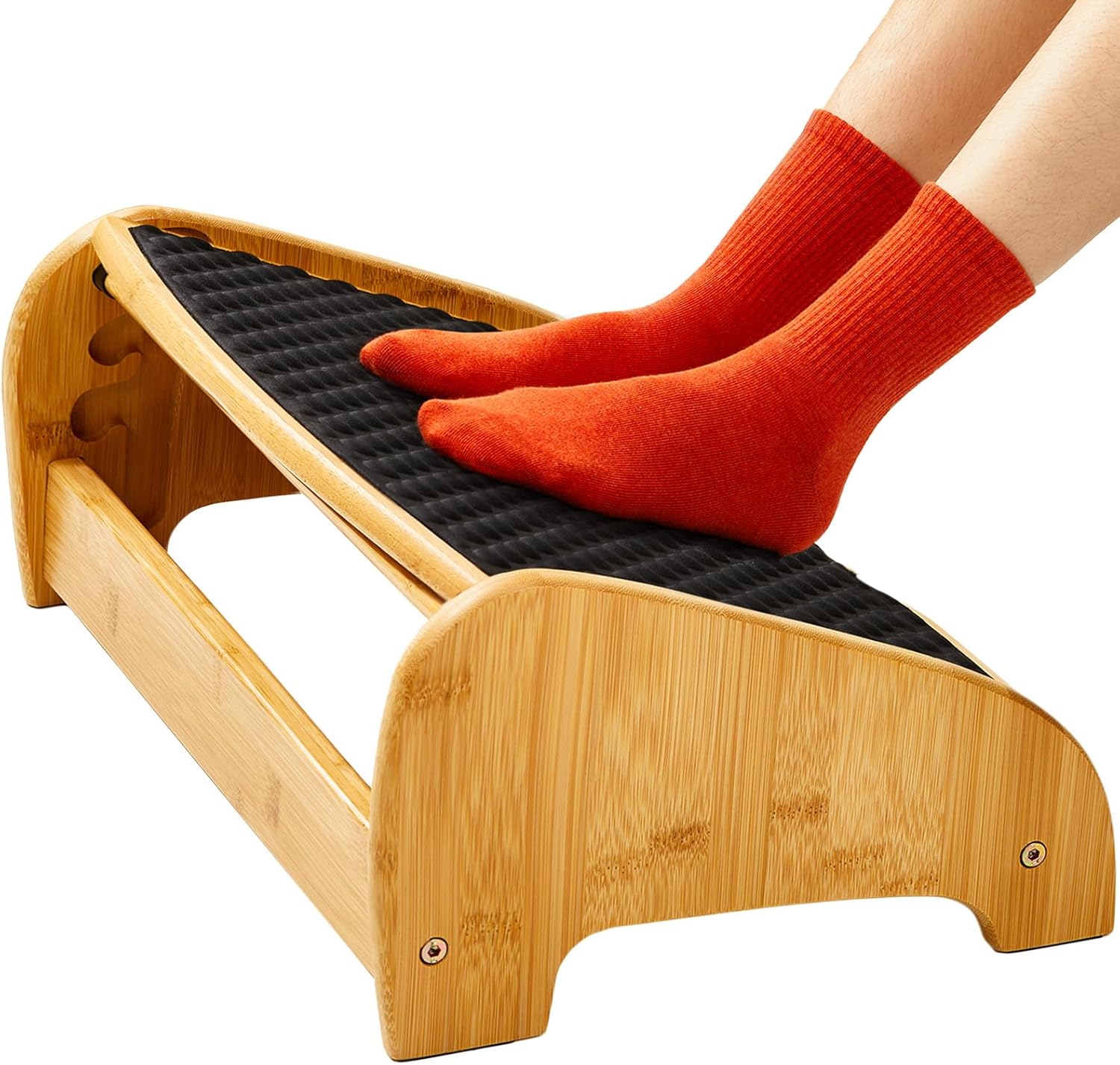 HUANUO Schreibtisch mit Fußstütze aus Bambus, ergonomisch mit 4 Höhen und verstellbaren Winkeln, Kieselstein-Massageoberfläche, rutschfeste Fußstütze unter dem Schreibtisch, verbessert die Arbeitshaltung, Zuhause und Büro