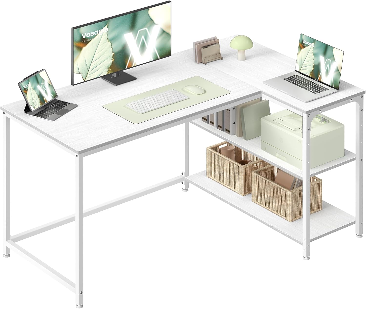 VASAGLE LWD136WF01 Eckschreibtisch, L-förmiger Computertisch mit Stauraum, Büroschreibtisch, höhenverstellbare Ablage für Heimbüro, 120 x 80 cm, Ahornweiß