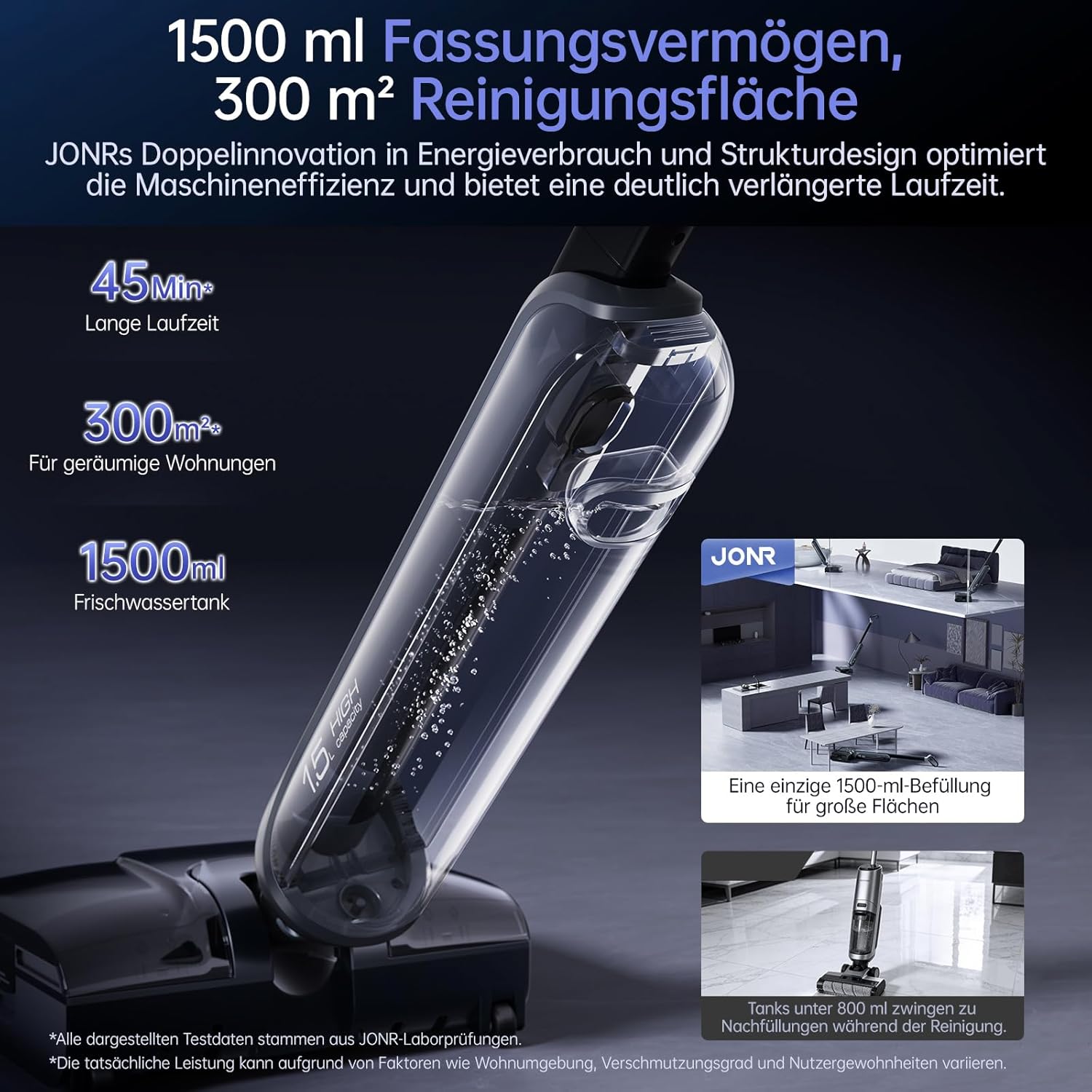JONR 20000 Pa H2 Nass-Trockensauger, Innovatives Geruchsfreies Design, 1500 ml Extra großer Wassertank mit 180° Flachliegend (unverminderte Saugleistung & Wasserleistung), 45 Min. Lange Laufzeit. (S) – Bild 6