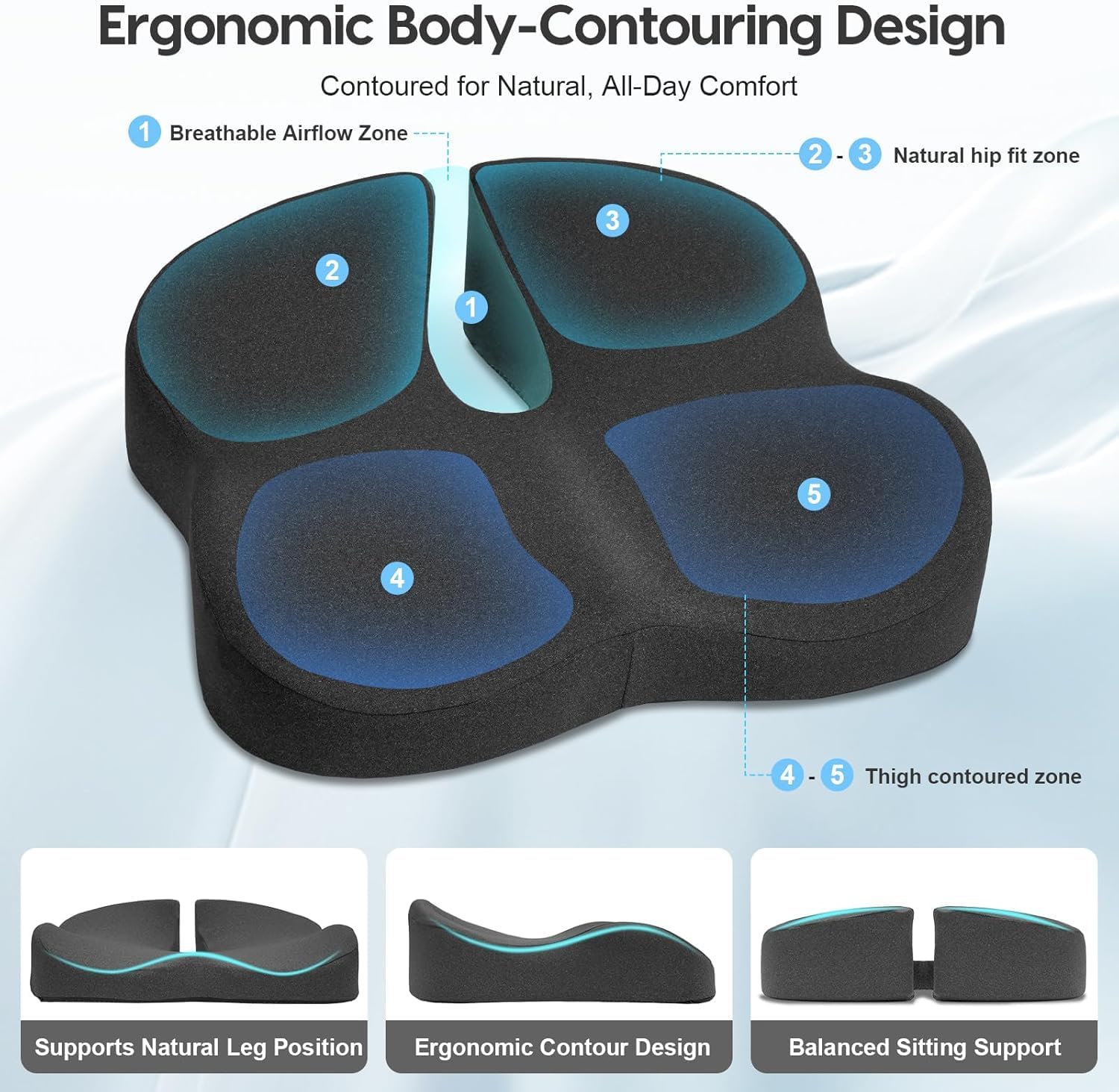 Ergonomisches Sitzkissen, Stuhlkissen und Sitzauflage für Bürostuhl aus Memory Foam, mit 3D-Design, atmungsaktiver Bezug & Anti-Rutsch-Unterseite, ideal für Büro, Homeoffice & Reisen – Bild 2
