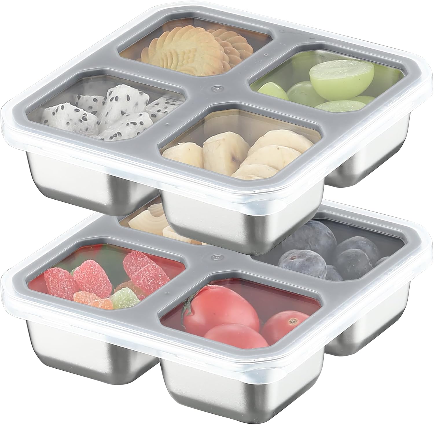 Misichao Snackbehälter, Snackbox Kinder mit 4 Fächern, Edelstahl-Brotdose mit grauem Deckel, wiederverwendbarer Meal-Prep-Lunchbehälter für Kinder und Erwachsene, für Schule, Arbeit