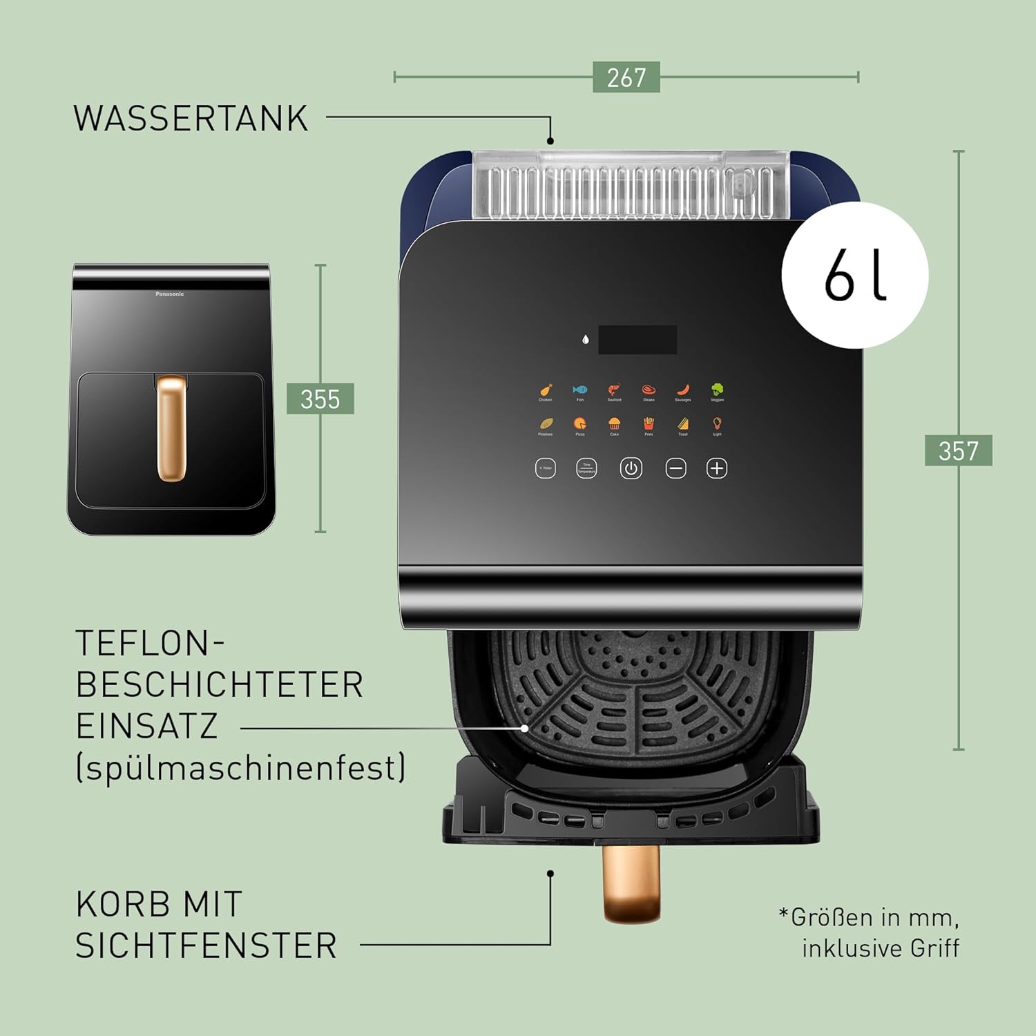 Panasonic NF-CC600AXE Heißluftfritteuse mit Sichtfenster, 6 l, 80–200 °C, digitaler Timer und LCD-Display, sanfte Dampfzugabe, 11 Voreinstellungen, einfache Reinigung, schwarz mit roségoldenem Griff – Bild 12