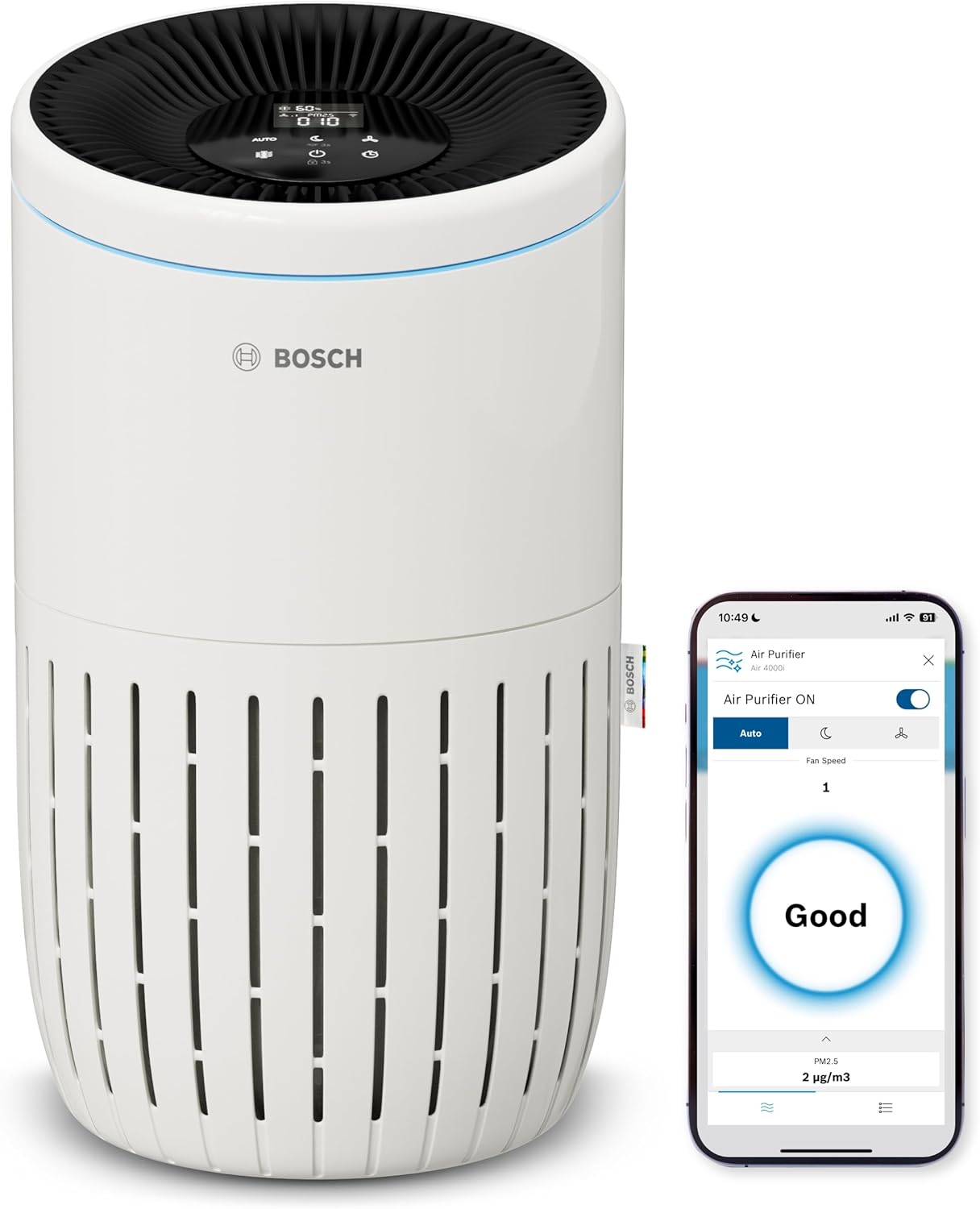Bosch Air 4000i App-gesteuerter Luftreiniger – Für Räume bis 62,5 m² – Entfernt Schadstoffe – Mit 3-in-1-Luftfilter, Smart Sensor, Automatikmodus, Schlafmodus (< 25 dB(A)) – CADR: 300 m³/h