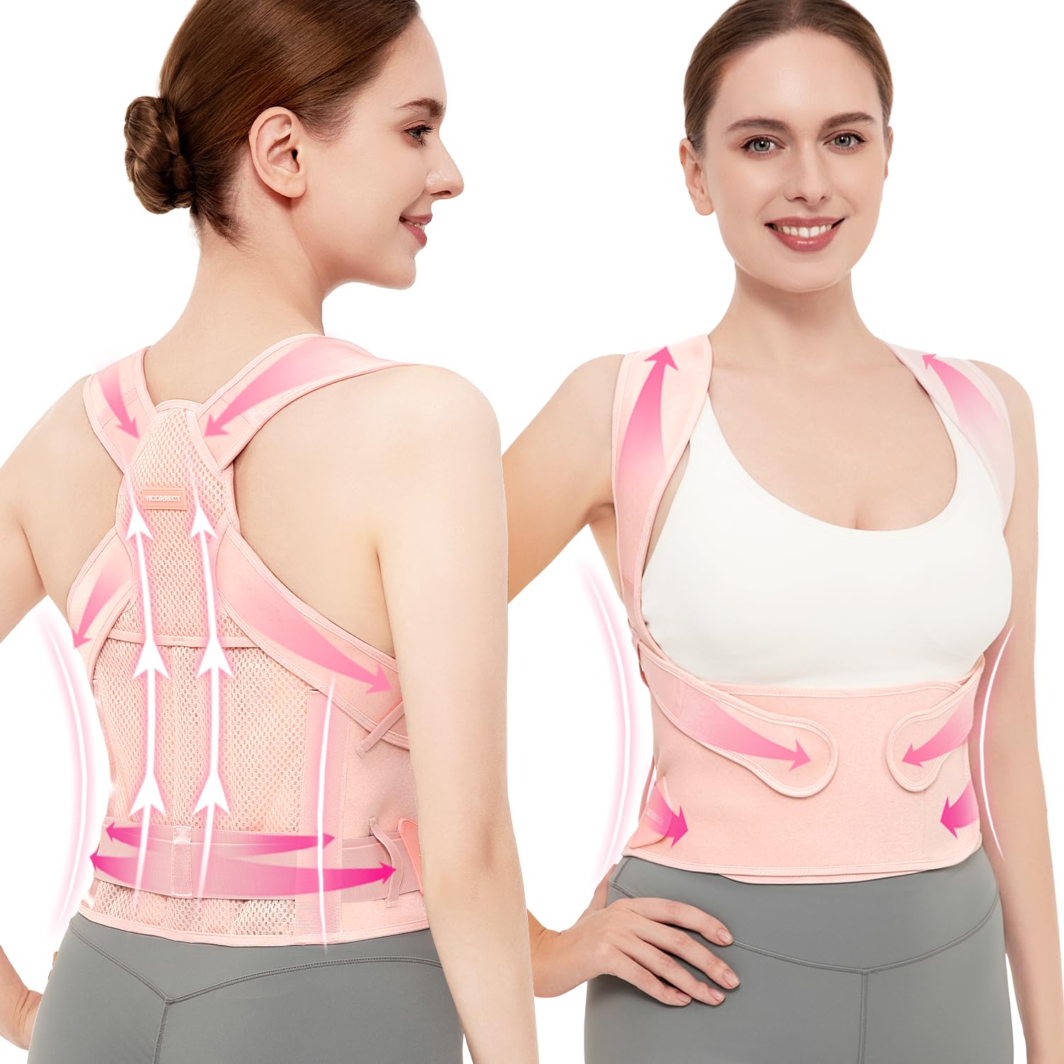 Vicorrect Haltungskorrektur für Damen und Herren: Rückenstützband zur Linderung von Schmerzen im oberen Rücken und in der Schulter (Pink, M)