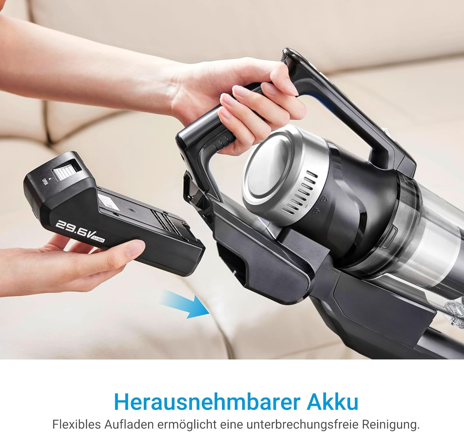 Midea Akku-Staubsauger mit Saugstation, 350 W, bis zu 60 Minuten Laufzeit, selbstentleerende Anti-Tangle-Bürste, LED-Düse, HEPA-Filter, für Allergiker geeignet, austauschbarer Akku, kabellos, schwarz – Bild 8