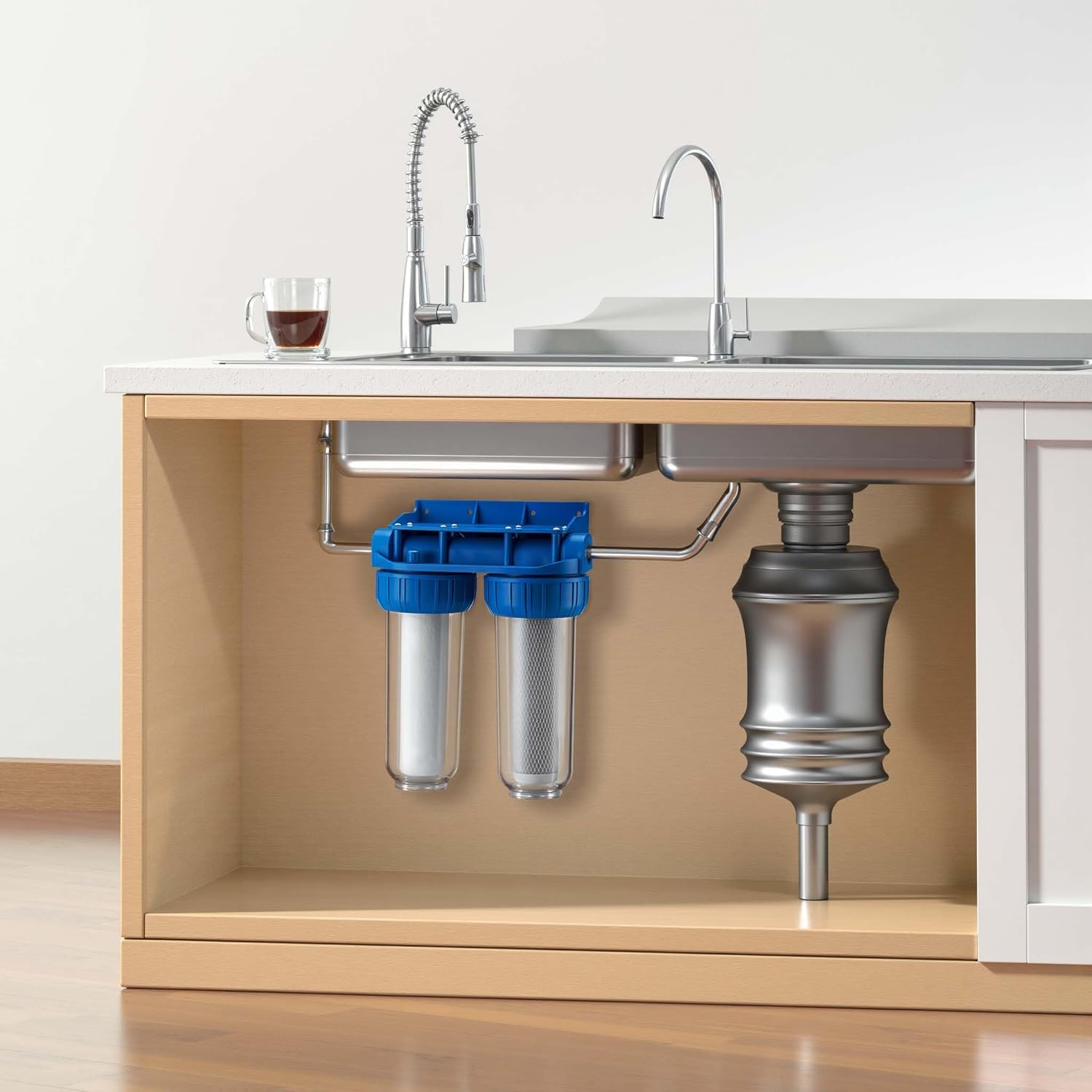 Naturewater NW-BR10B3 2-stufiger Wasserfilter, Doppelfilter, 5 µ, 20,67 mm (1/2 Zoll), Durchmesser 62 mm PP-Kartusche, Filterwandhalterung, Filterschlüssel, Sedimentfilter, Aktivkohleblock – Bild 2