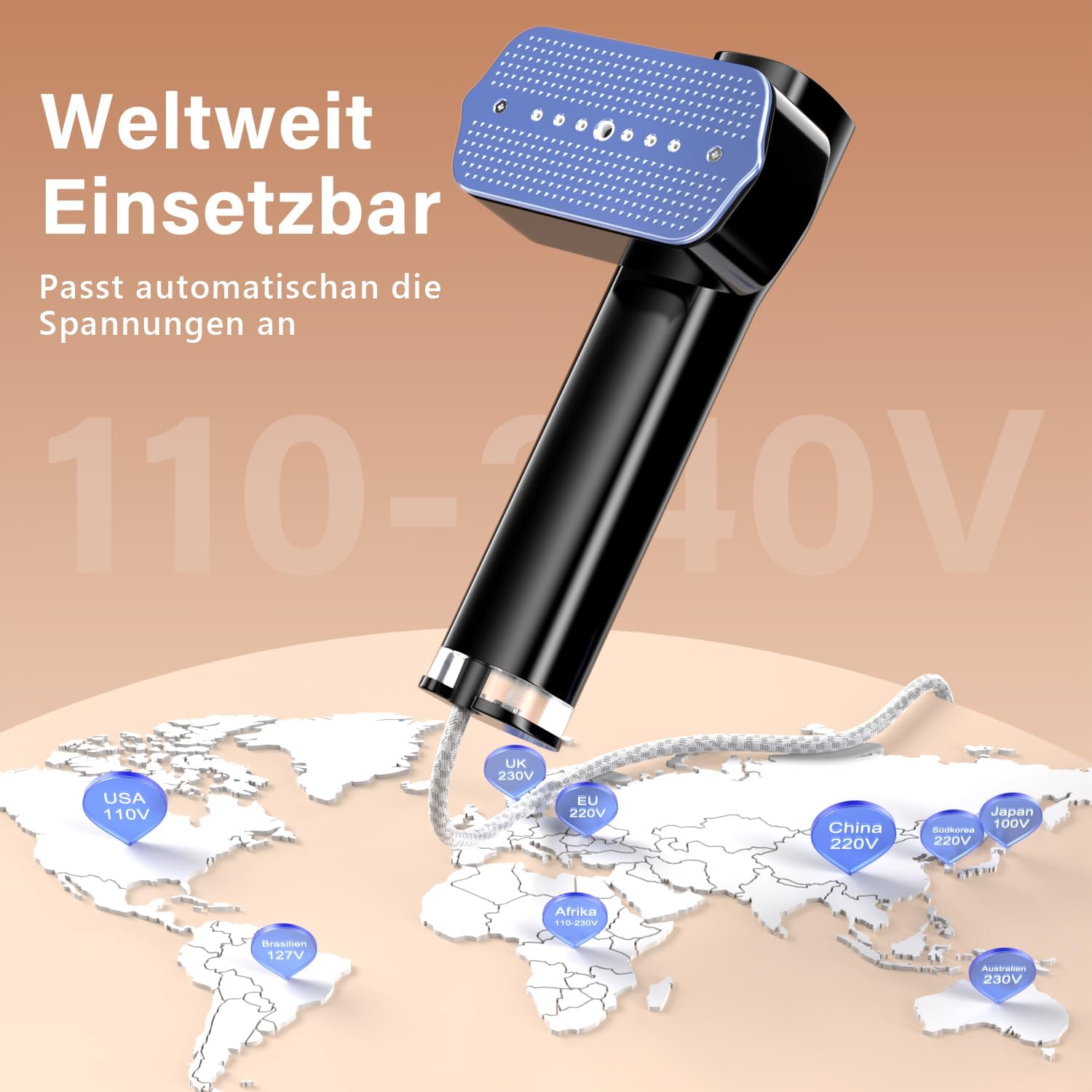 Dampfglätter, 2-in-1-Dampfgarer, 115–230 V Dual-Voltage-Dampfbürste, 1000 W Dampfgarer, tragbarer Dampfgarer mit 100 ml Wassertank, konstante Dampfleistung 18 g/min, Schwarz – Bild 4