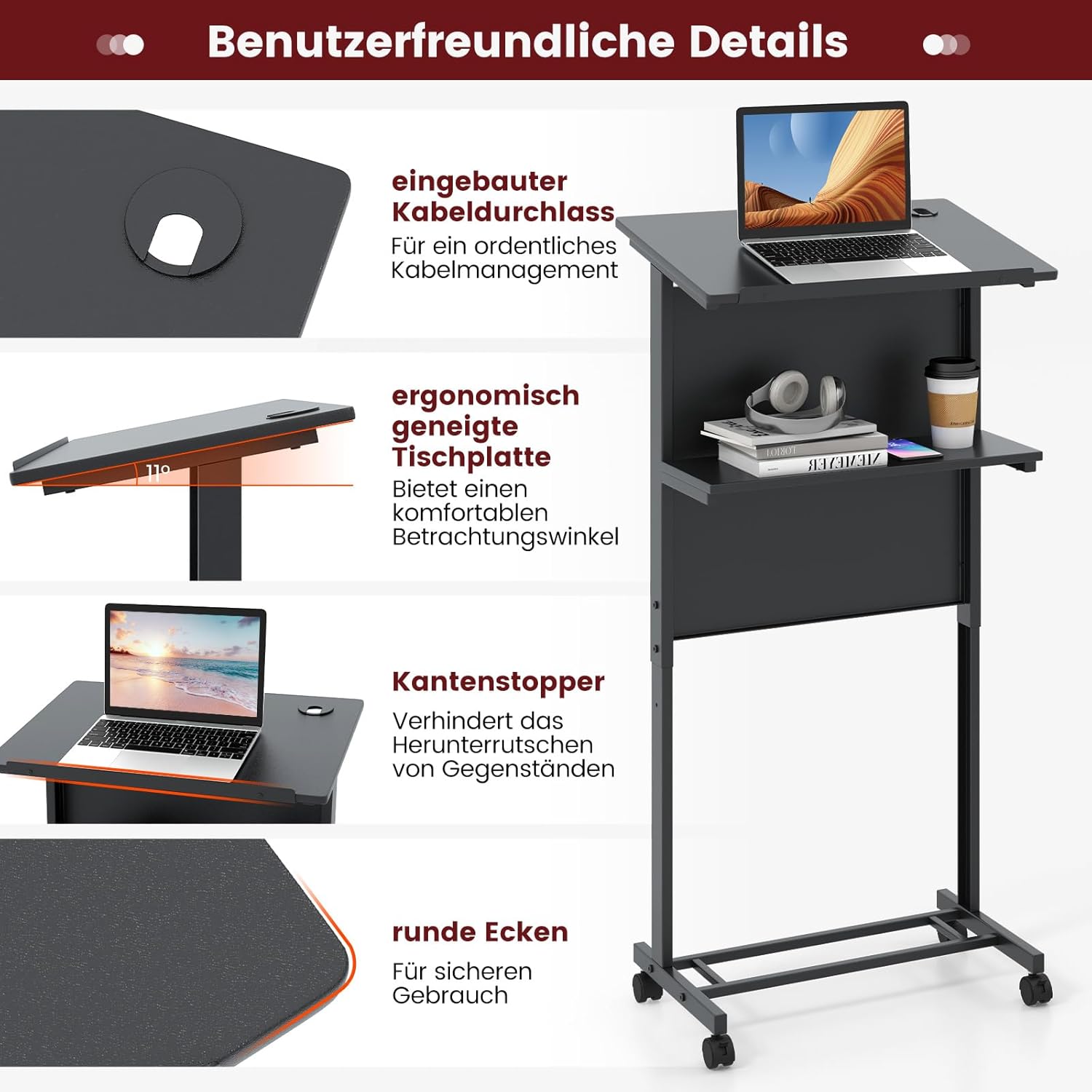 COSTWAY Stehschreibtisch, höhenverstellbar, Stehsitzschreibtisch mit Rollen, mobiler Stehschreibtisch mit geneigter Tischplatte & Ablage, Laptoptisch für Zuhause & Büro, Schwarz – Bild 5