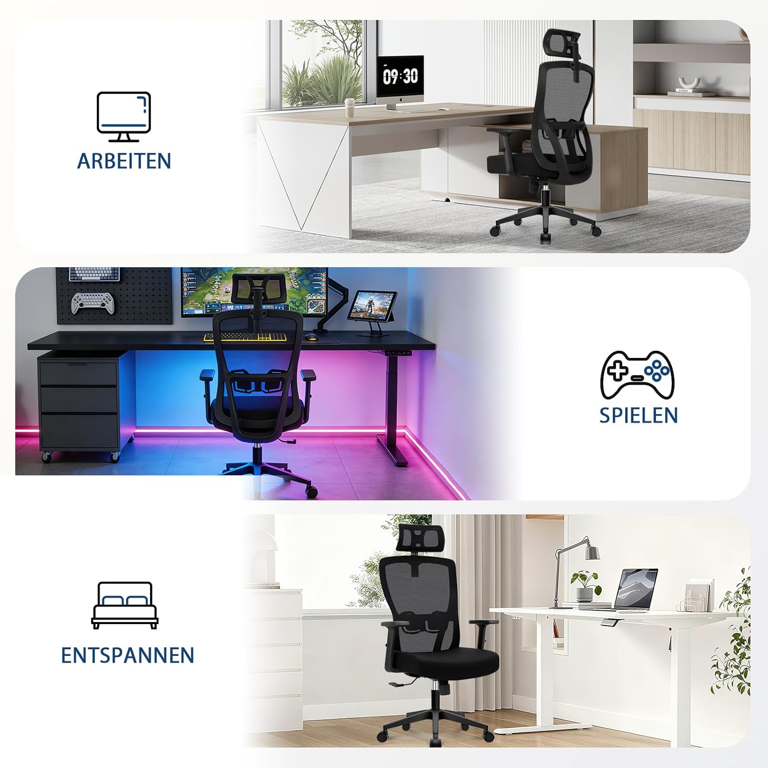 Durrafy Bürostuhl, ergonomischer Bürostuhl, 150 kg belastbar, verstellbare Lordosenstütze, Kopfstütze & Armlehnen, Drehstuhl mit Liegefunktion, hohe Rückenlehne als Schreibtischstuhl, schwarz – Bild 9