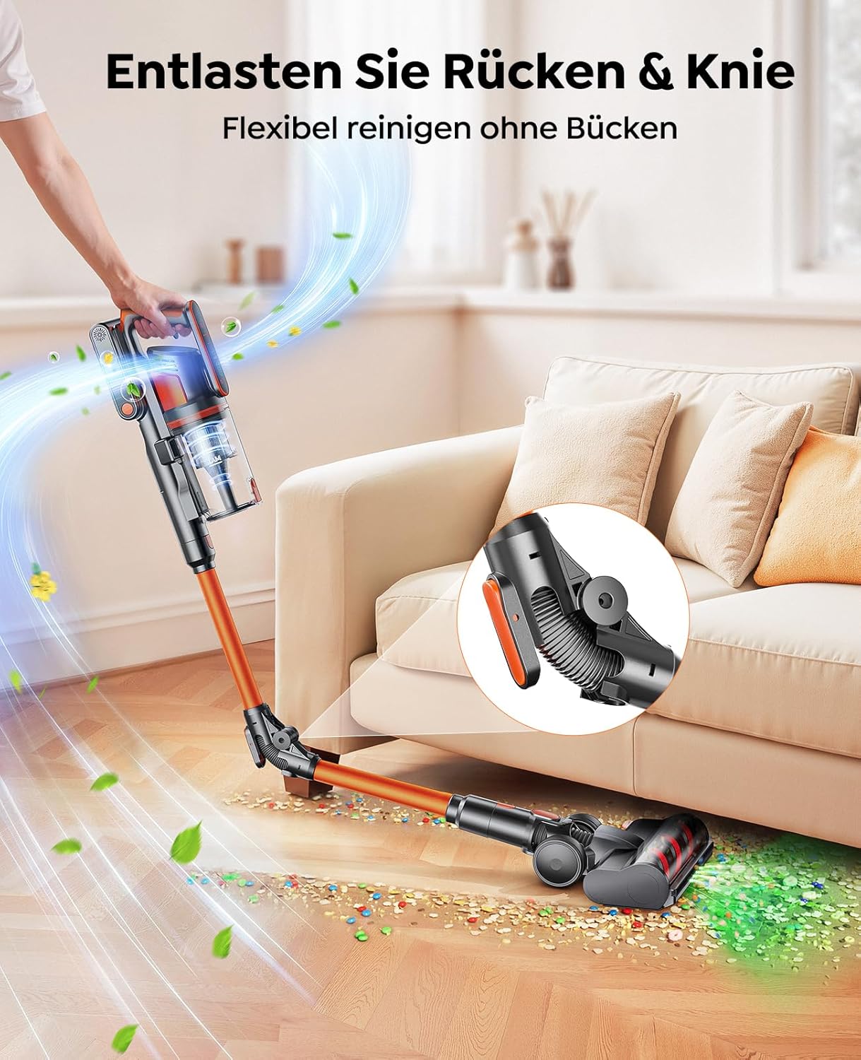 Fieety Akku-Staubsauger, 600 W/50 kPa/65 Min, kabelloser Staubsauger mit Wandladestation, Aromatherapie, Automatikmodus, flexibles Biegegelenk, 1 m Schlauch für Hartböden, Teppiche, Tierhaare, Auto – Bild 4
