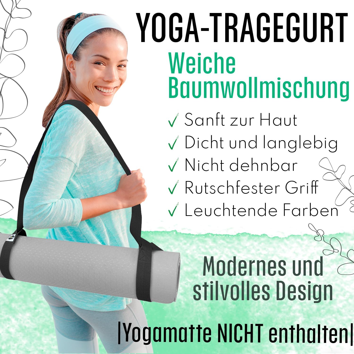 TECEUM Premium Yogamatte Tragegurt – Extra Weich & Dick aus Baumwolle – Hautfreundlich & Rutschfest – Verstellbarer Mattenhalter Yoga Mat Strap für alle Matten (Matte nicht enthalten) – Bild 2