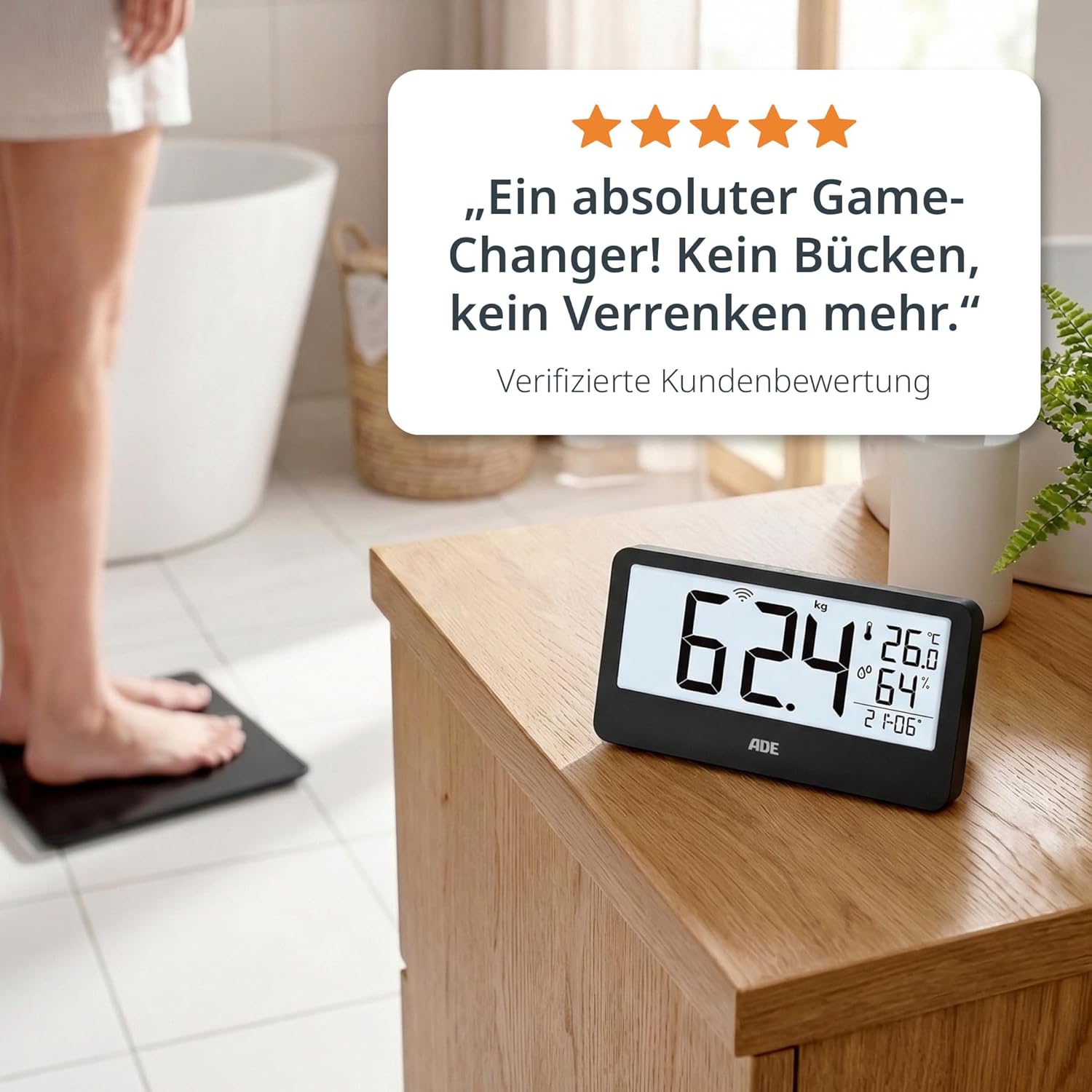 ADE Ronja Digitale Personenwaage mit kabelloser Anzeige bis 180 kg | Lesen Sie auf Augenhöhe, ohne sich zu bücken | Ideale Körperwaage für Senioren | mit Badeuhr, Hygrometer, Innenthermometer | Schwarz – Bild 7