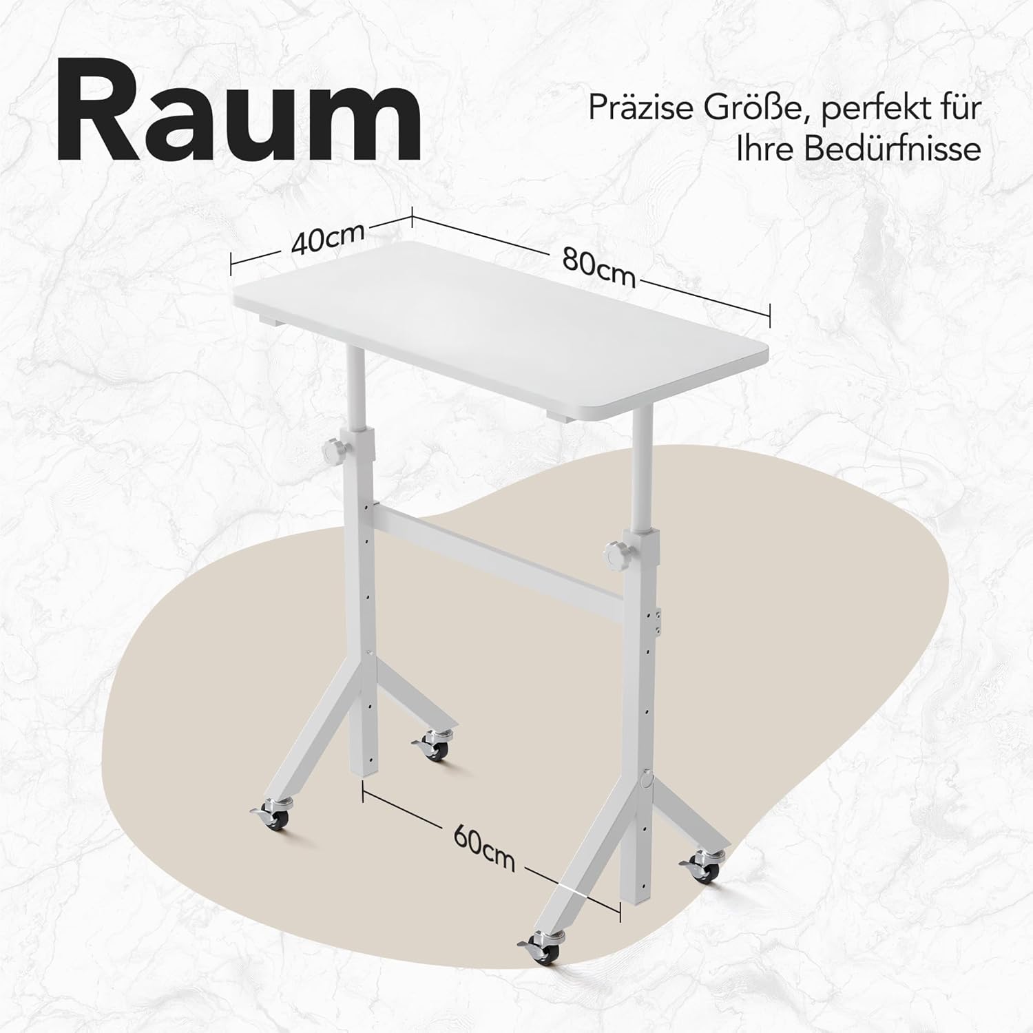 HUANUO Höhenverstellbarer Schreibtisch mit Rollen, 6 Höheneinstellungen bis 118 cm, mobiler Computertisch mit dreieckigen Beinen, sanfte Mobilität mit feststellbaren Rollen – Bild 3