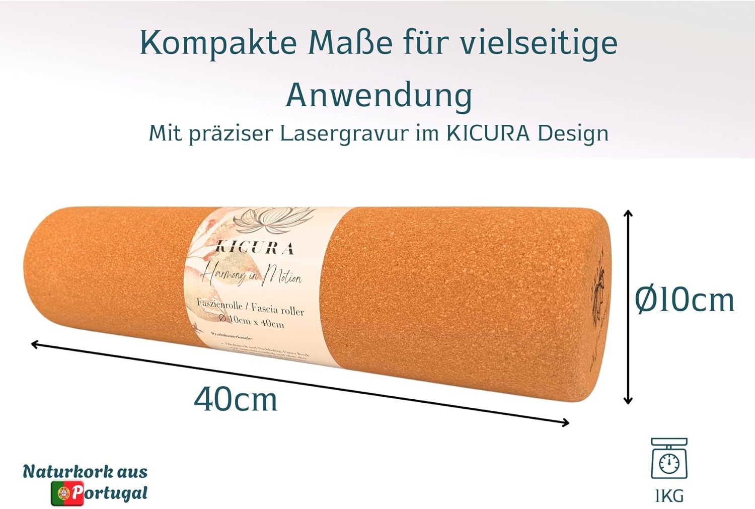 Kork-Faszienrolle aus Naturkork, 40 cm lang, Durchmesser 10 cm, hart, für Faszienmassage, Yoga und Pilates – Bild 3