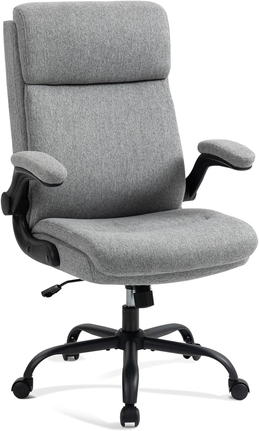 CASTLOVE Ergonomischer Bürostuhl, Schreibtischstuhl mit Rückenlehne, hochklappbare Armlehne, hohe Rückenlehne, höhenverstellbar, Wippfunktion (Bürostuhl, Stoff, grau, max. 150 kg)