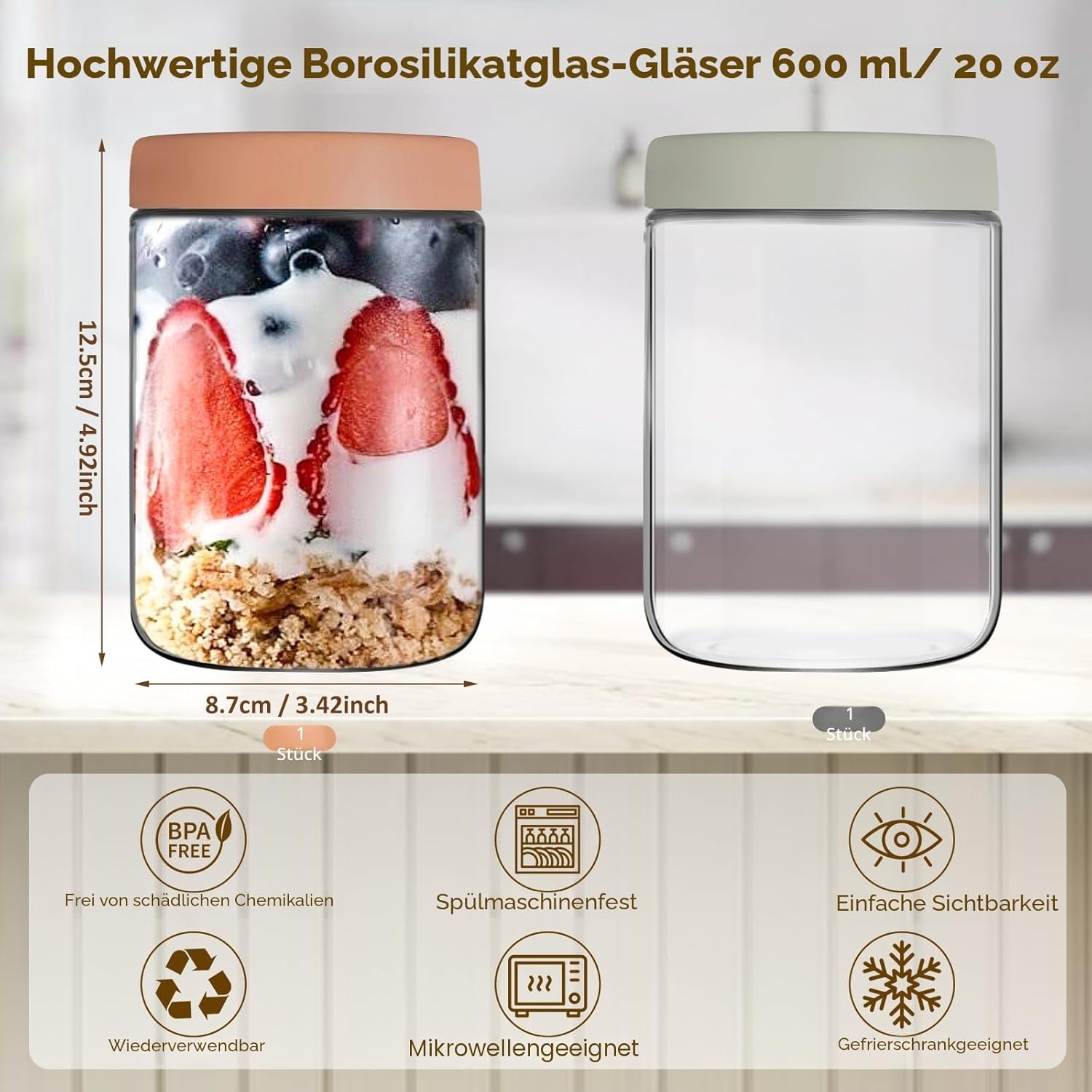2 Stück 600-ml-Meal-Prep-Gläser, ideal für Meal-Prep und Overnight-Oats-Gläser. Praktische Meal-Prep-Boxen zum Aufbewahren, Marinieren und Vorbereiten von Mahlzeiten. Mehrzweck-Einmachglas – Bild 2