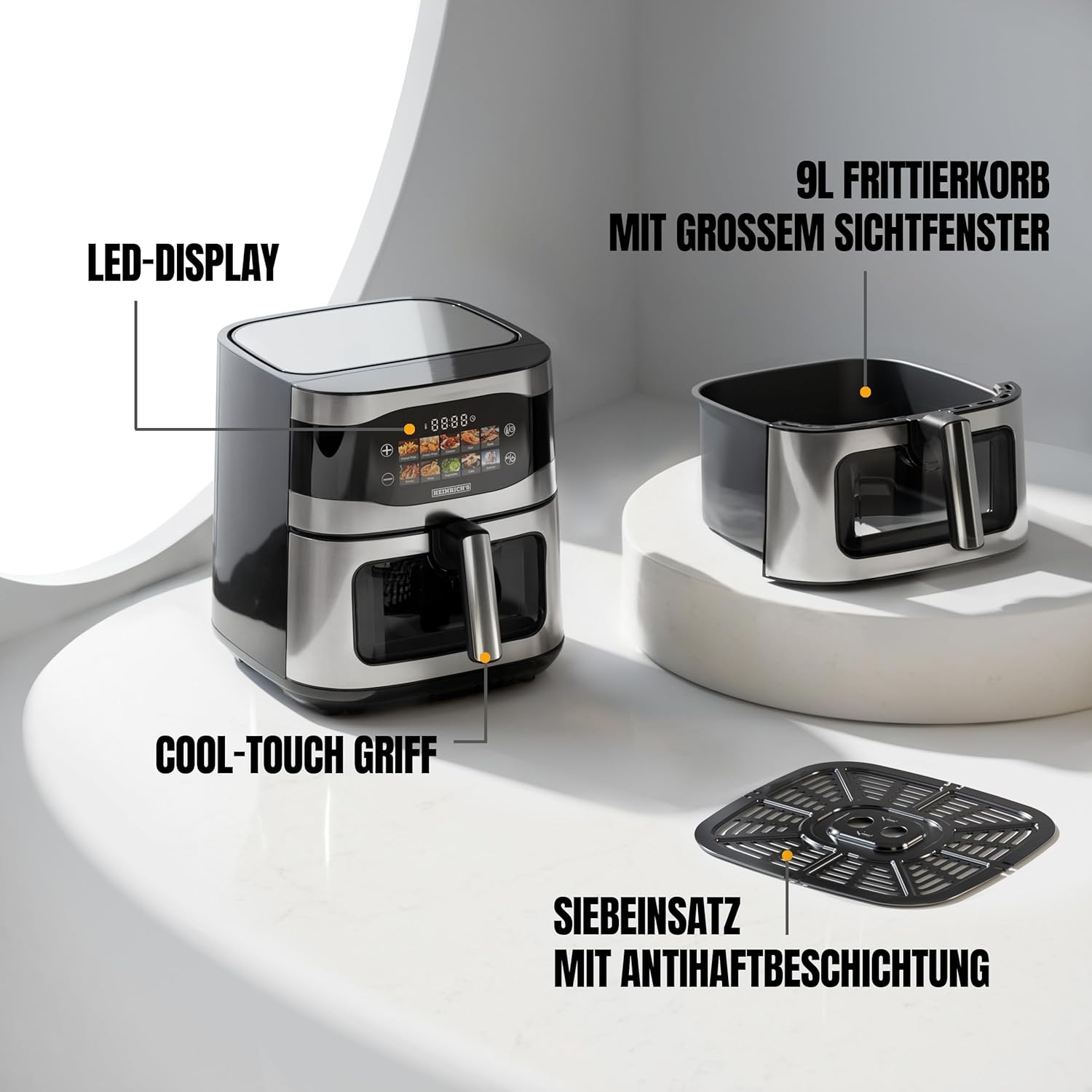 HEINRICHS Heißluftfritteuse, 9 Liter XXL-Luftfritteuse, 10-in-1-Heißluftfritteuse, LED-Display mit Sensor-Touch-Steuerung, fettfreie Zubereitung, inklusive Timer, platzsparend, spülmaschinenfester Korb, 1800 W – Bild 2