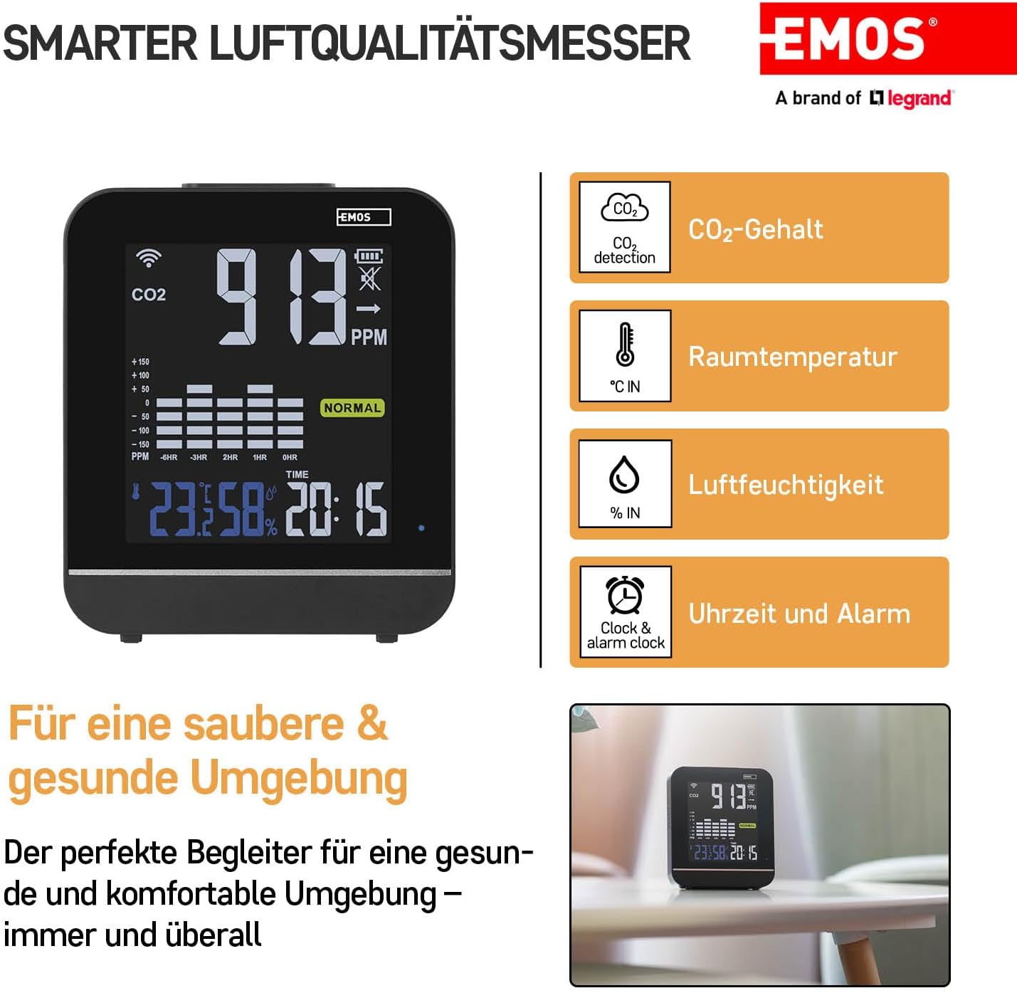 EMOS GoSmart – Smart Home Luftqualitätsmonitor mit App – WLAN – Farbdisplay – CO2-Messgerät – Temperatur- und Luftfeuchtigkeitssensor – USB-C-Netzteil – TUYA, SmartLife-kompatibel – Schwarz – Bild 2