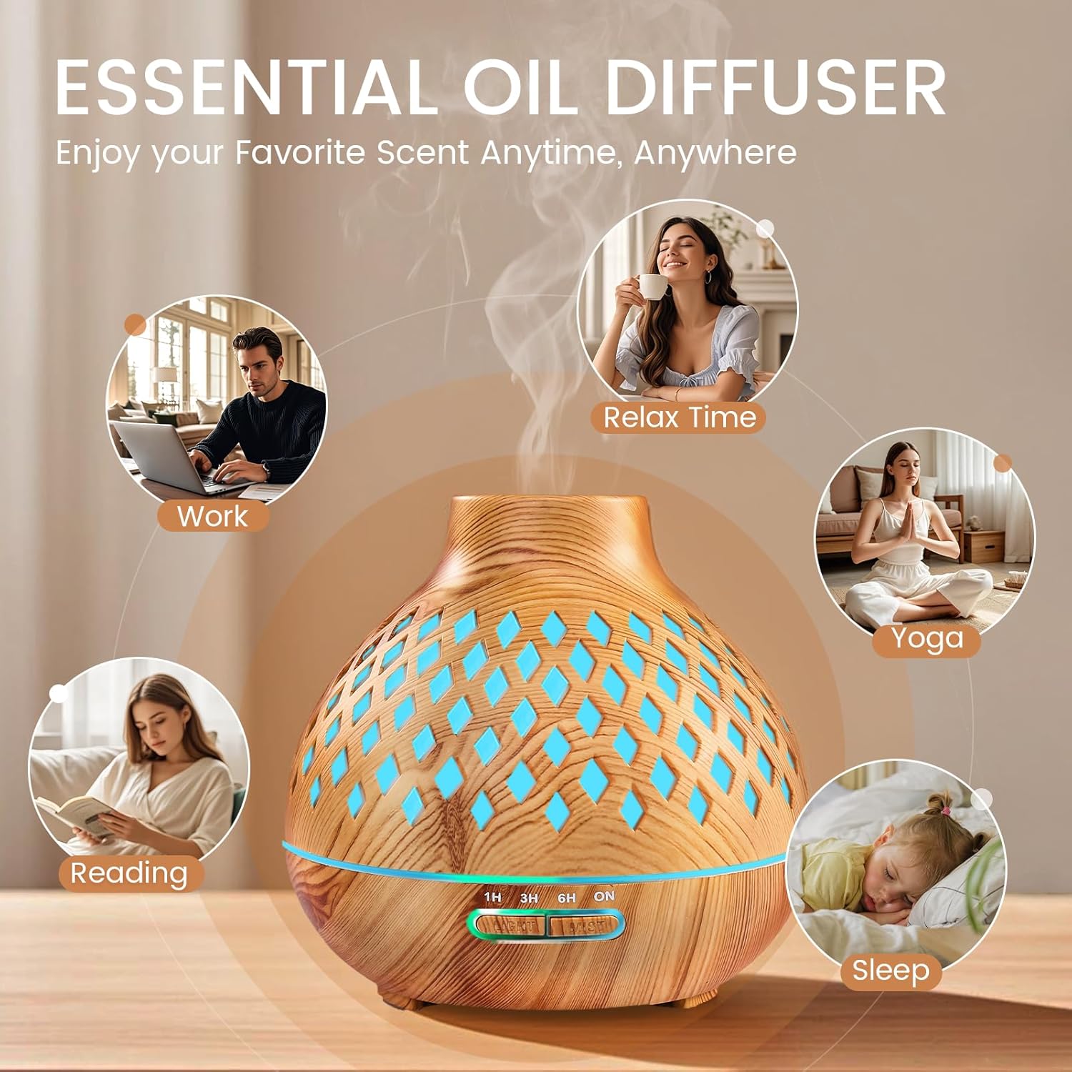 Aeshory 550 ml Aromadiffusor mit 12 x 5 ml ätherischen Ölen, Ultraschall-Aromatherapie-Diffusor mit Fernbedienung, 7 farbige LED-Lichter, 4 Timer, automatisch wasserlos – Bild 7